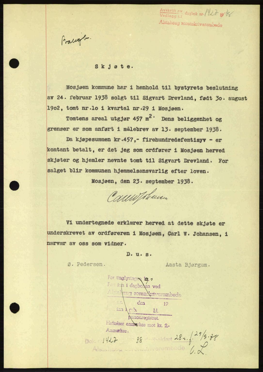 Alstahaug sorenskriveri, SAT/A-1009: Pantebok nr. A3, 1937-1938, Dagboknr: 1427/1938