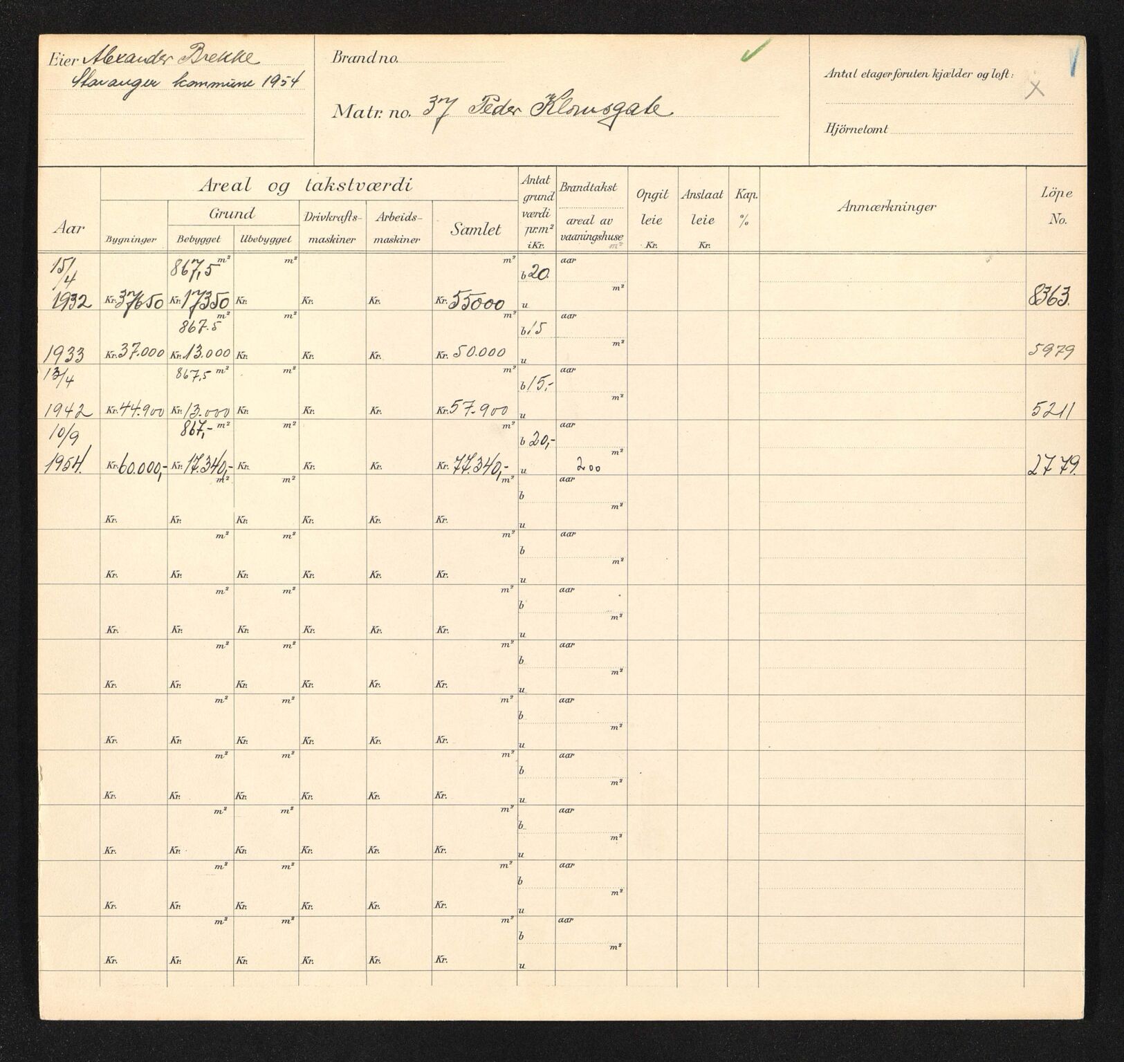 Stavanger kommune. Skattetakstvesenet, BYST/A-0440/F/Fa/Faa/L0035/0008: Skattetakstkort / Peder Klows gate 37 - Pedersbakken - Pedersgata 20