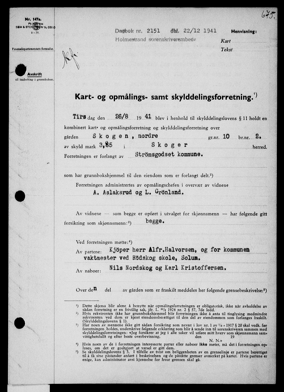 Holmestrand sorenskriveri, SAKO/A-67/G/Ga/Gaa/L0054: Pantebok nr. A-54, 1941-1942, Dagboknr: 2151/1941