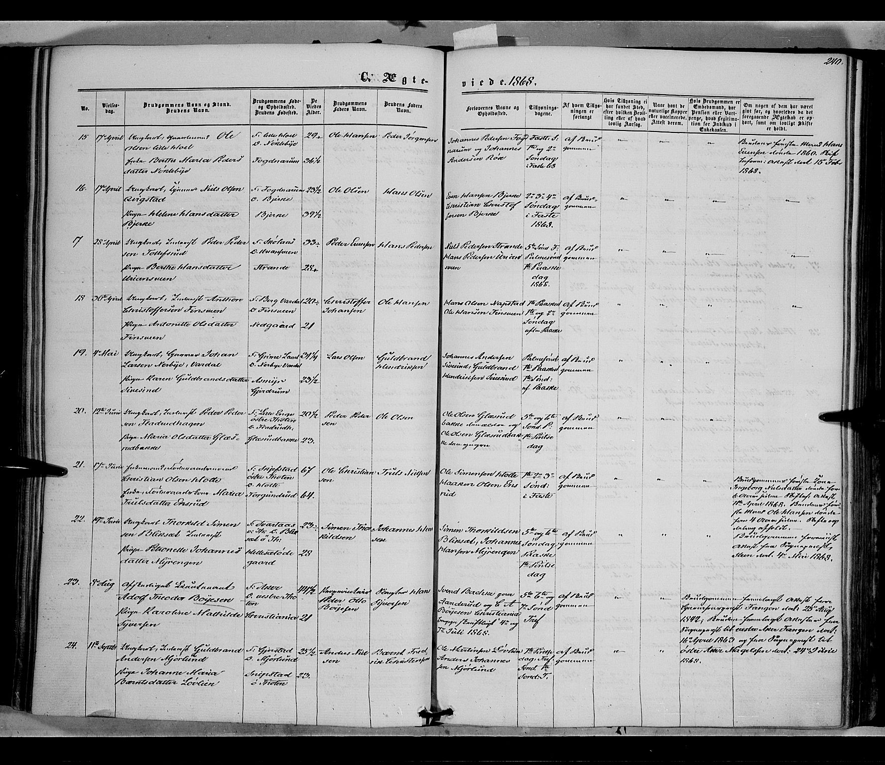 Vestre Toten prestekontor, SAH/PREST-108/H/Ha/Haa/L0007: Ministerialbok nr. 7, 1862-1869, s. 240