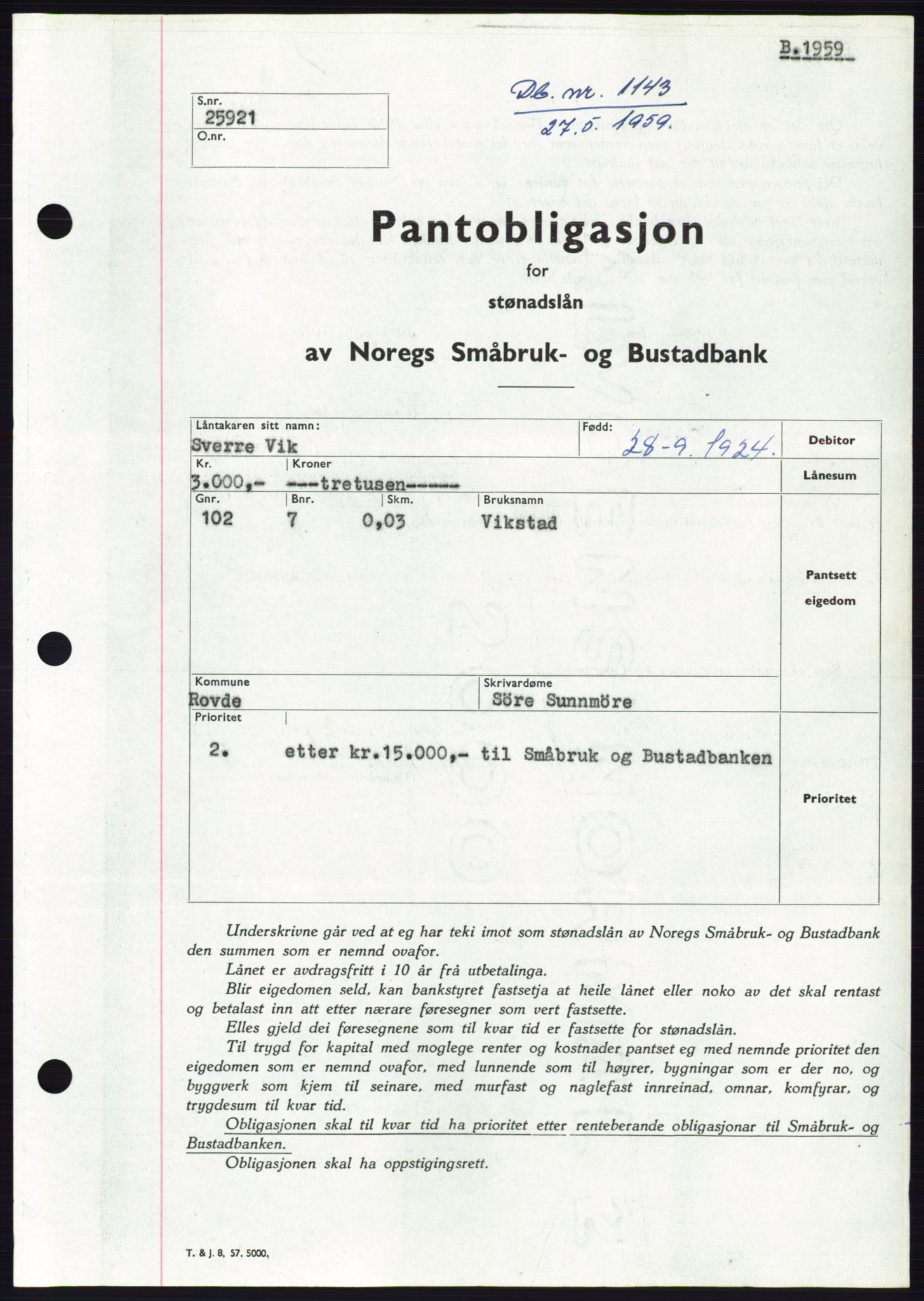 Søre Sunnmøre sorenskriveri, SAT/A-4122/1/2/2C/L0133: Pantebok nr. 21B, 1959-1959, Dagboknr: 1143/1959