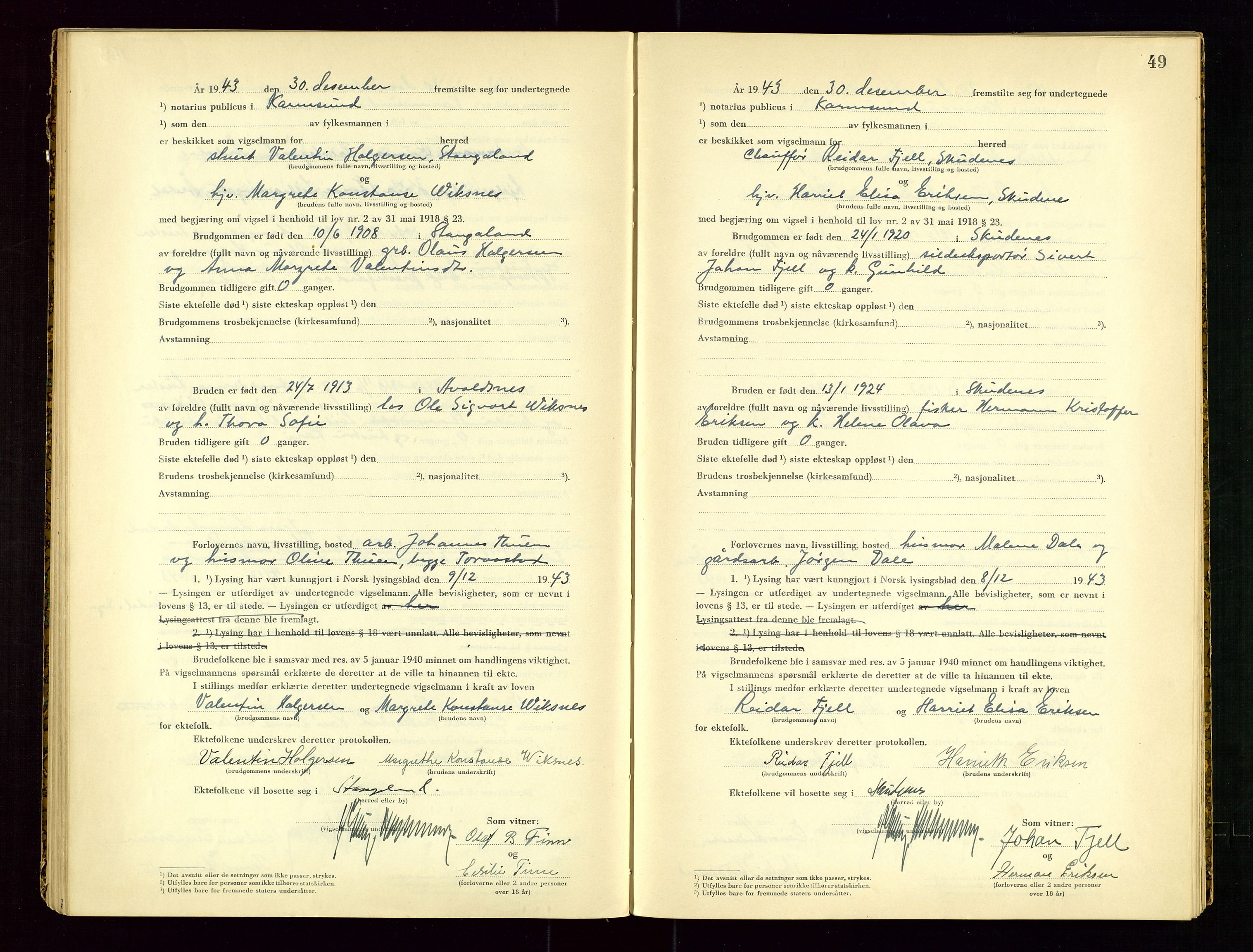 Karmsund sorenskriveri, AV/SAST-A-100311/01/III/IIICBA/L0003: VIGSELSBOK, 1943-1944, s. 49