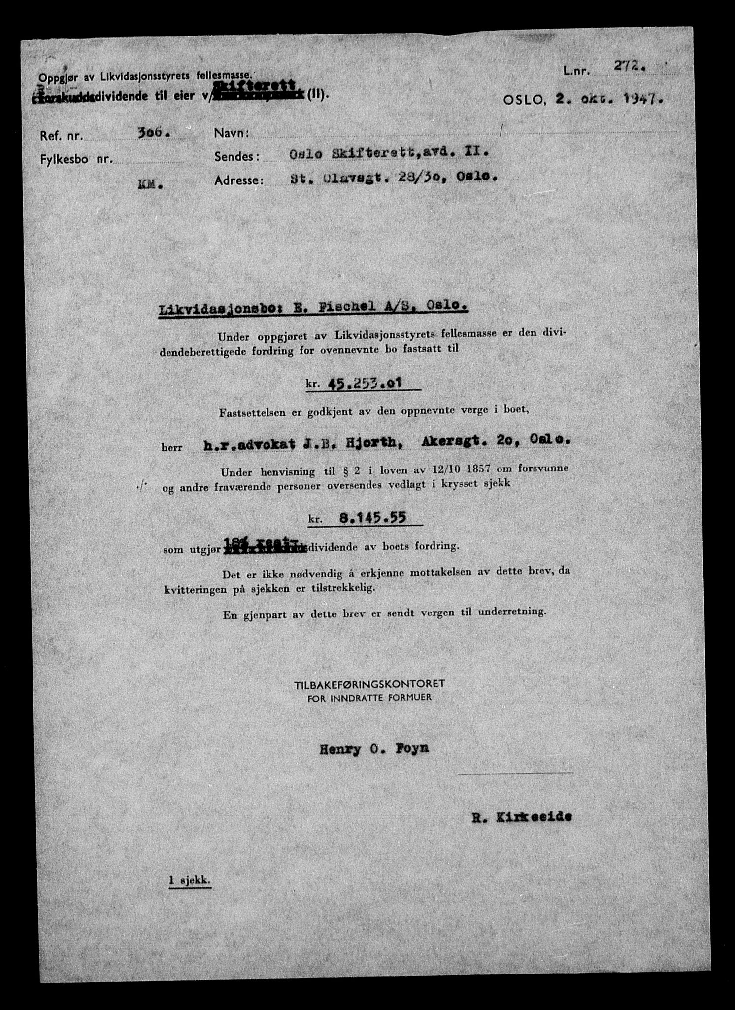 Justisdepartementet, Tilbakeføringskontoret for inndratte formuer, AV/RA-S-1564/H/Hc/Hcc/L0935: --, 1945-1947, s. 426