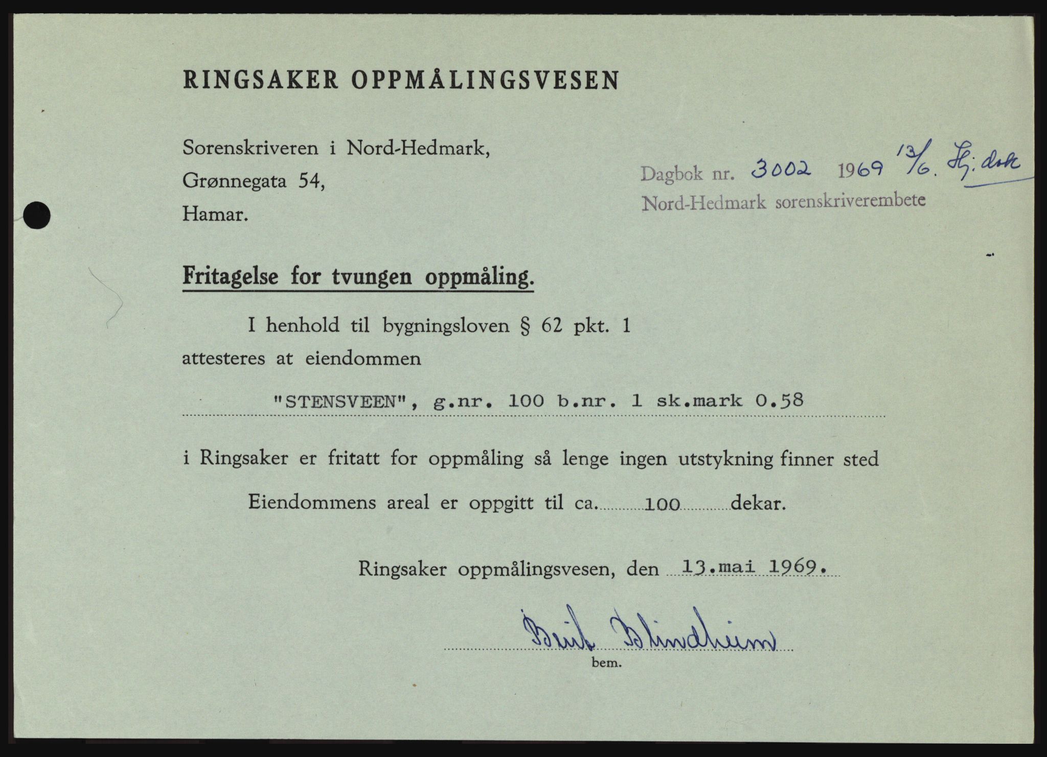 Nord-Hedmark sorenskriveri, SAH/TING-012/H/Hc/L0030: Pantebok nr. 30, 1969-1969, Dagboknr: 3002/1969