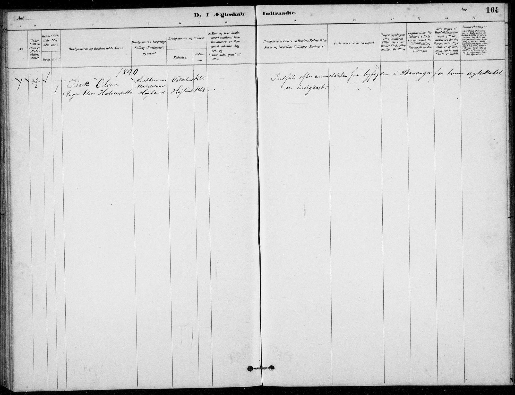 Hå sokneprestkontor, AV/SAST-A-101801/001/30BB/L0003: Klokkerbok nr. B 3, 1883-1894, s. 164