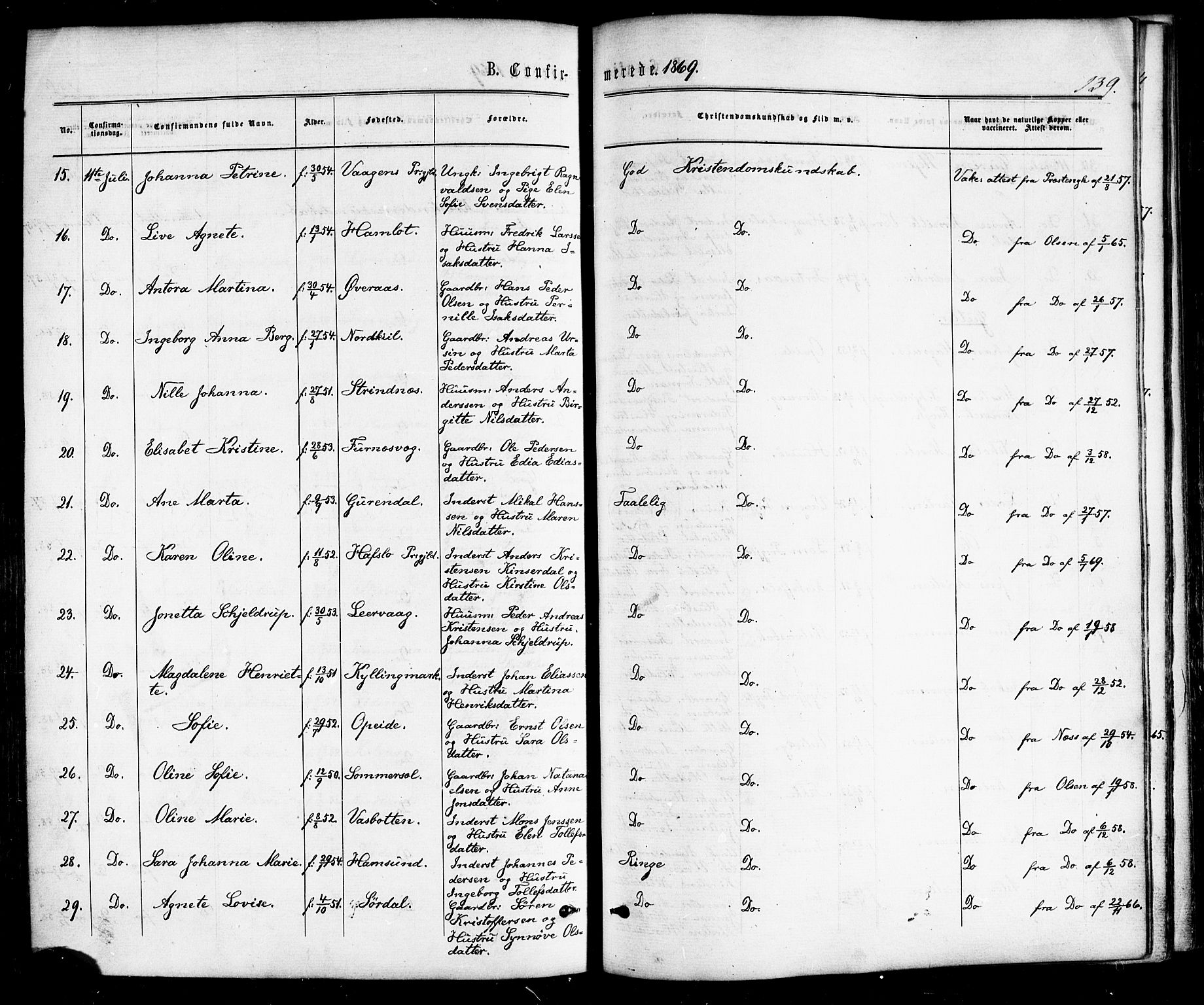 Ministerialprotokoller, klokkerbøker og fødselsregistre - Nordland, SAT/A-1459/859/L0845: Ministerialbok nr. 859A05, 1863-1877, s. 139