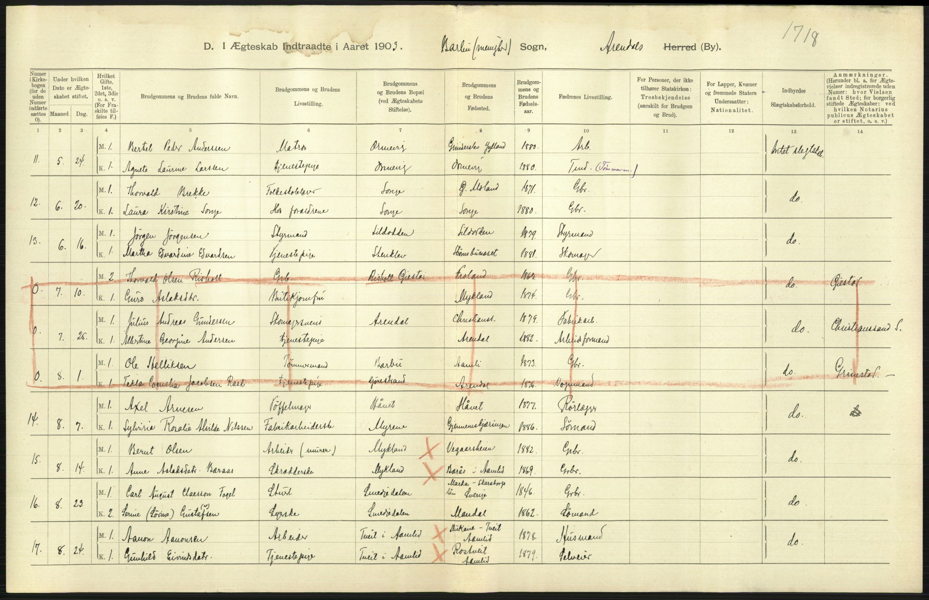 Statistisk sentralbyrå, Sosiodemografiske emner, Befolkning, AV/RA-S-2228/D/Df/Dfa/Dfaa/L0010: Nedenes amt: Fødte, gifte, døde, 1903, s. 349