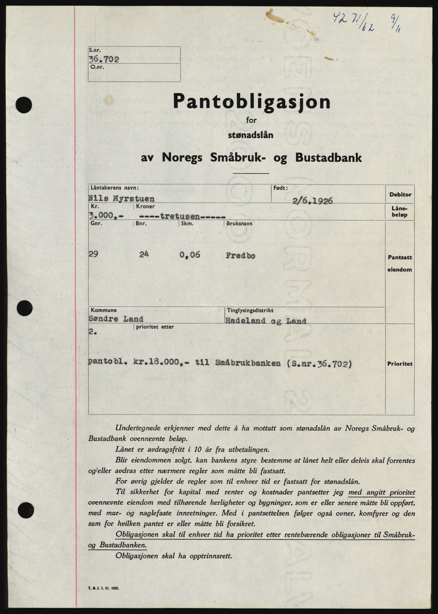 Hadeland og Land tingrett, SAH/TING-010/H/Hb/Hbc/L0050: Pantebok nr. B50, 1962-1963, Dagboknr: 4271/1962