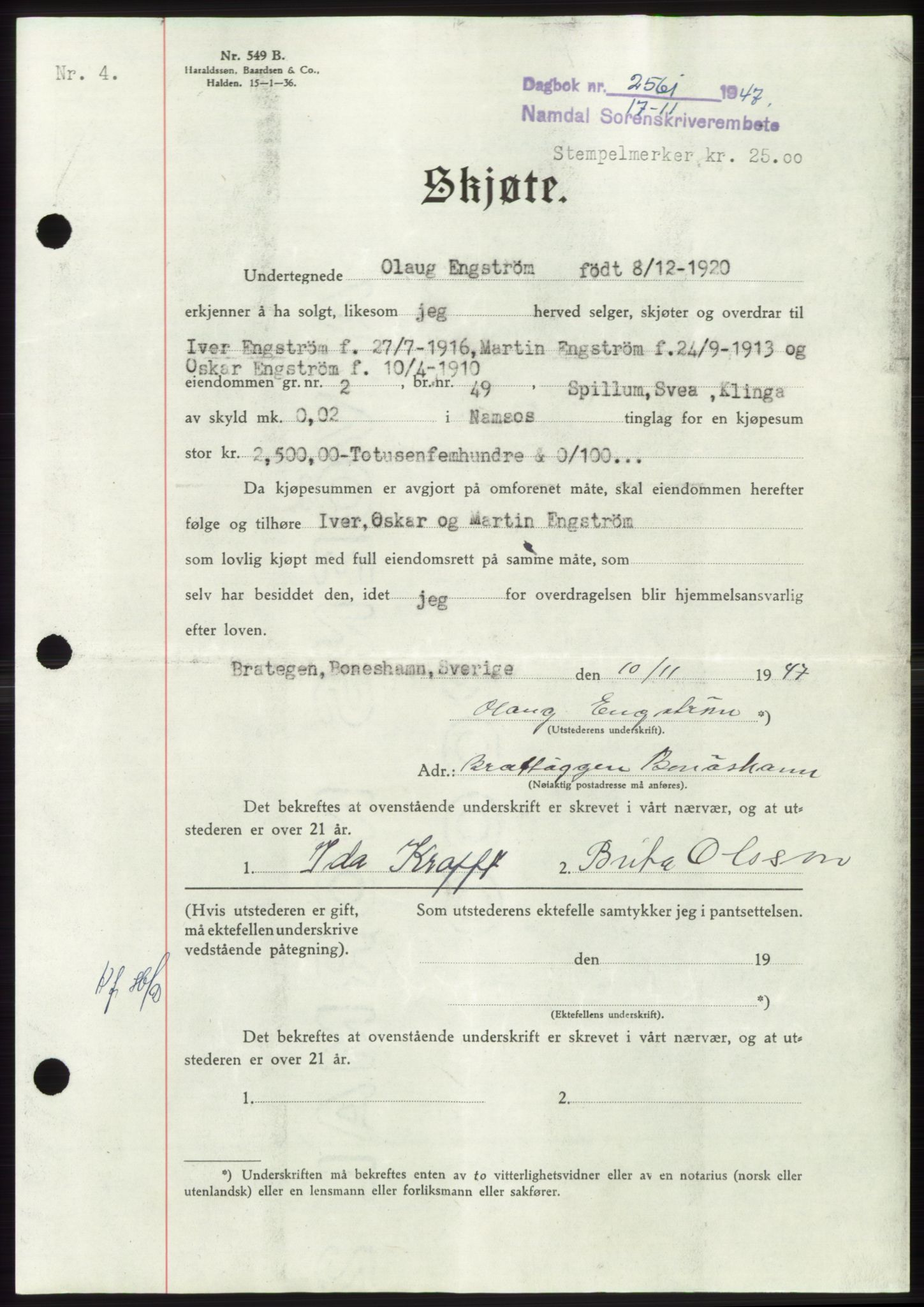 Namdal sorenskriveri, SAT/A-4133/1/2/2C: Pantebok nr. -, 1947-1948, Dagboknr: 2561/1947