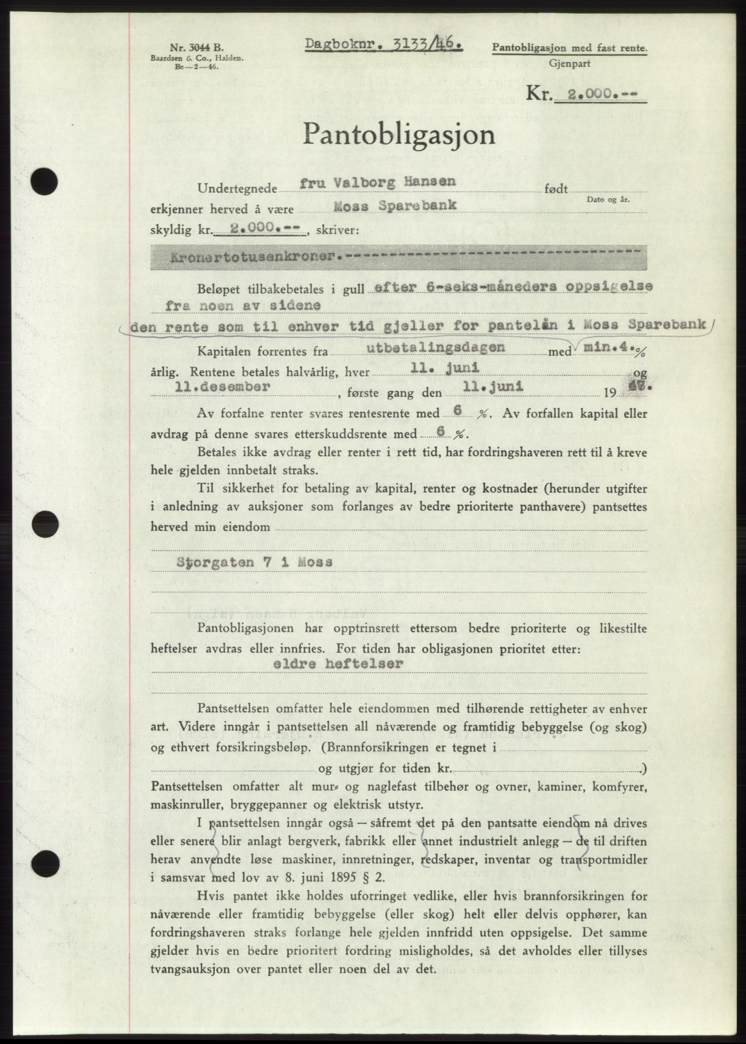 Moss sorenskriveri, SAO/A-10168: Pantebok nr. B16, 1946-1947, Dagboknr: 3133/1946