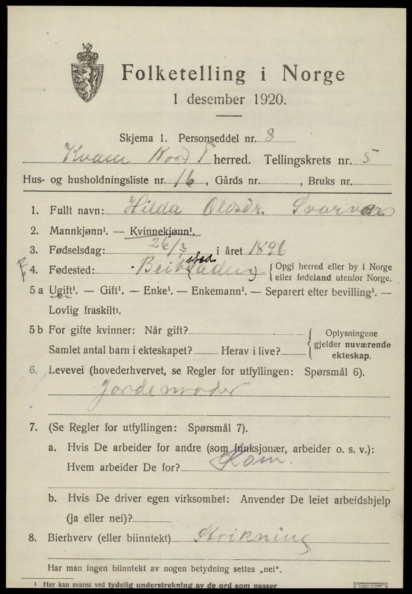 SAT, Folketelling 1920 for 1735 Kvam herred, 1920, s. 1563