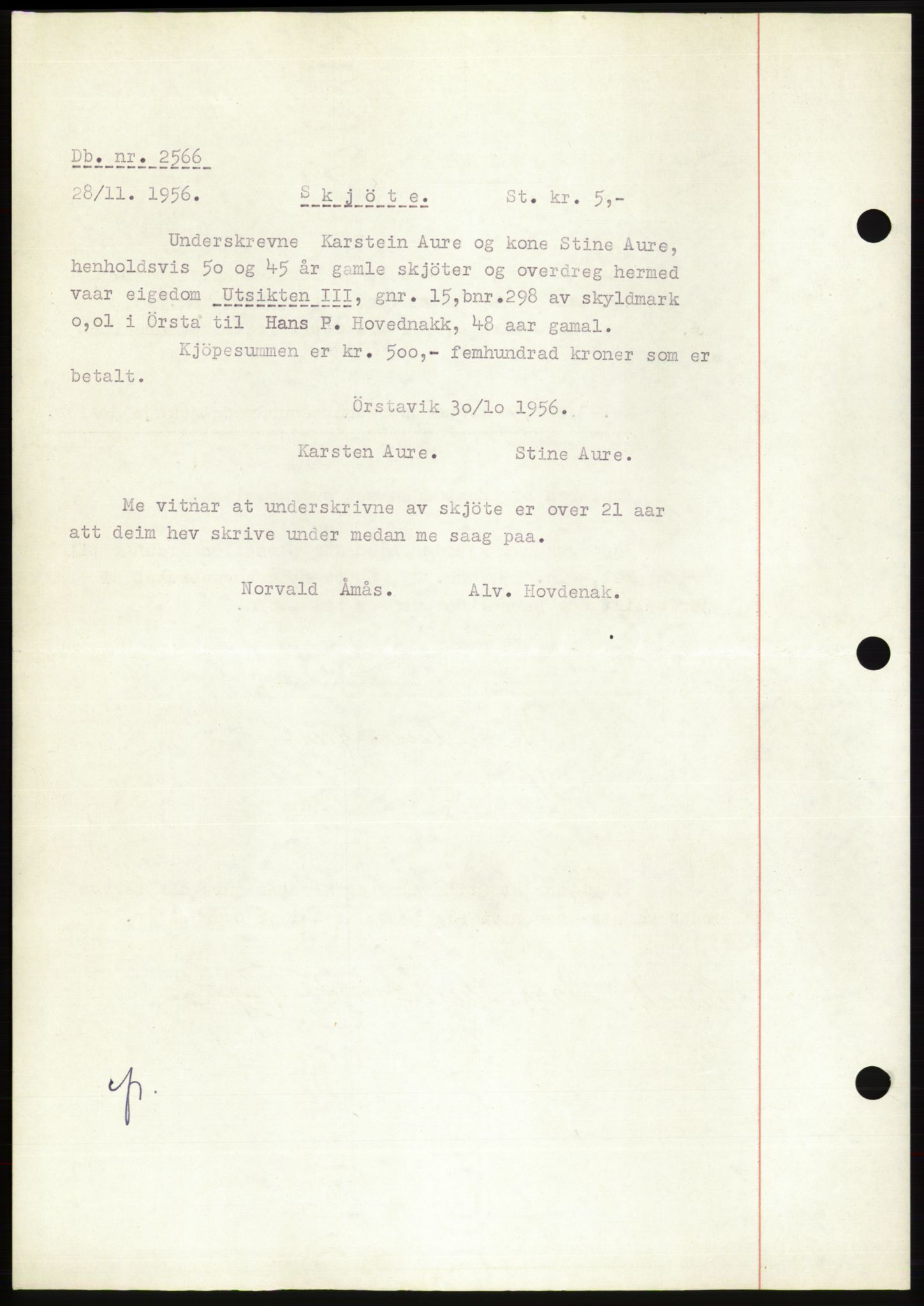 Søre Sunnmøre sorenskriveri, AV/SAT-A-4122/1/2/2C/L0105: Pantebok nr. 31A, 1956-1957, Dagboknr: 2566/1956