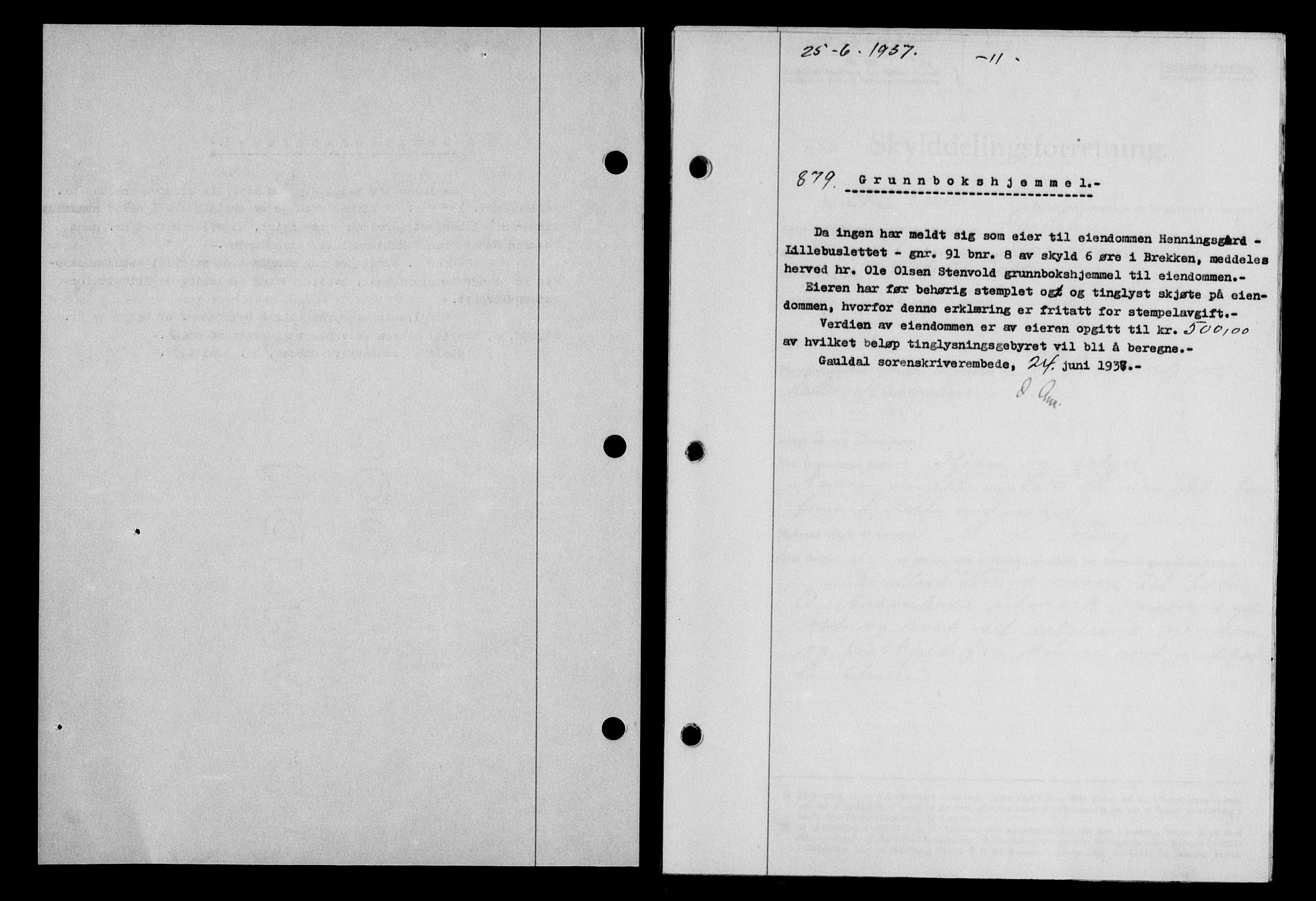 Gauldal sorenskriveri, SAT/A-0014/1/2/2C/L0047: Pantebok nr. 50-51, 1937-1937, Dagboknr: 879/1937