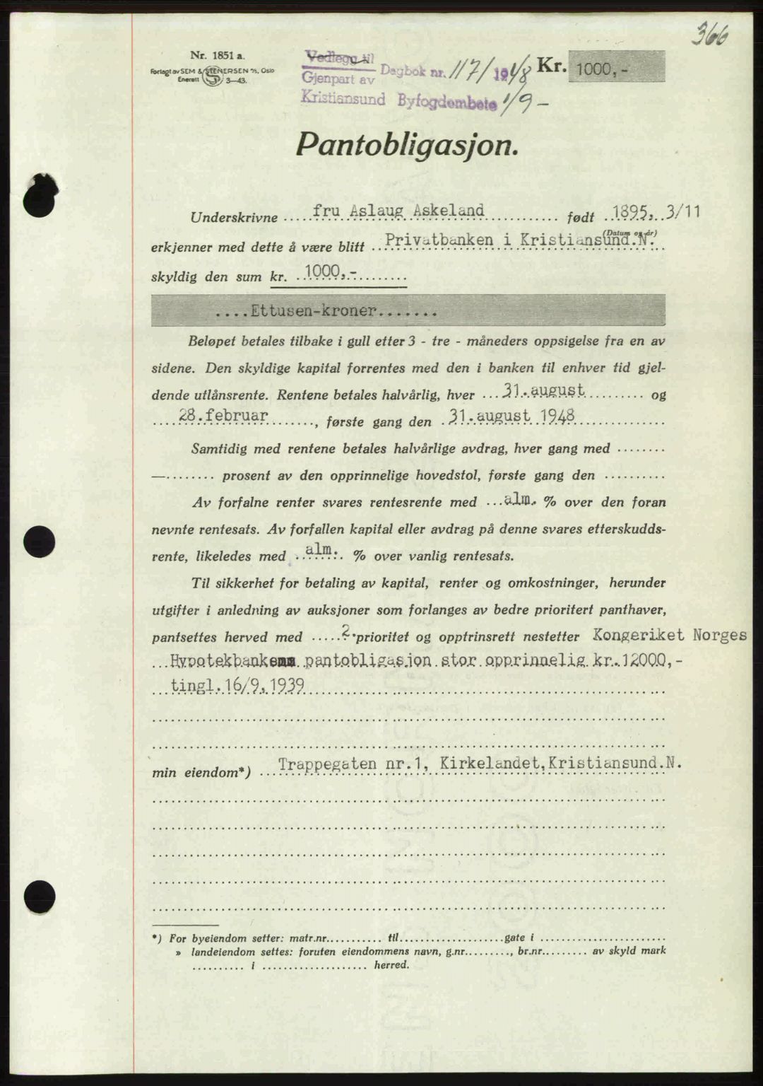 Kristiansund byfogd, AV/SAT-A-4587/A/27: Pantebok nr. 44, 1947-1948, Dagboknr: 1171/1948