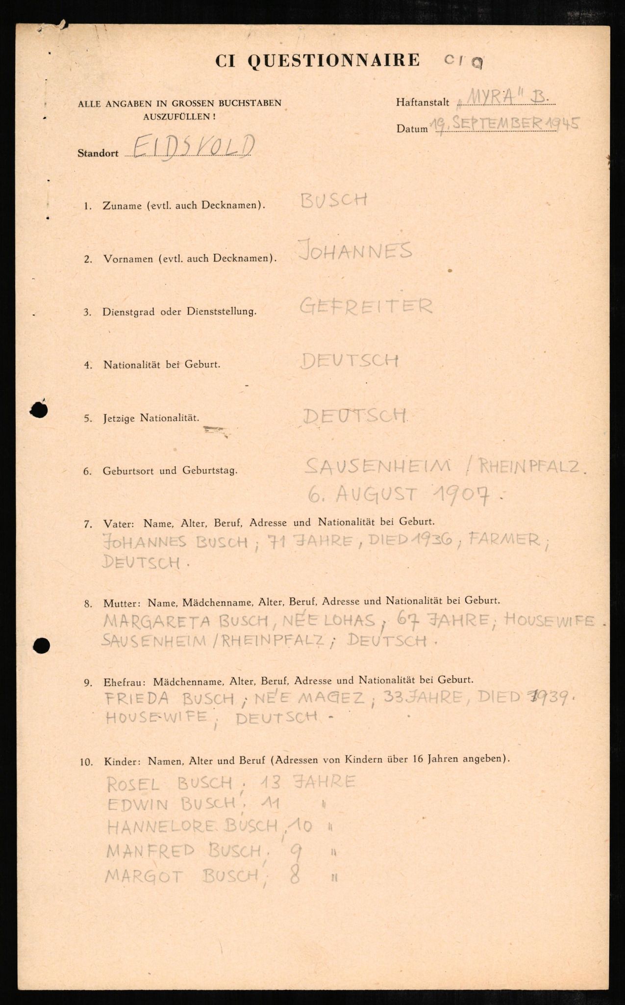 Forsvaret, Forsvarets overkommando II, AV/RA-RAFA-3915/D/Db/L0005: CI Questionaires. Tyske okkupasjonsstyrker i Norge. Tyskere., 1945-1946, s. 15