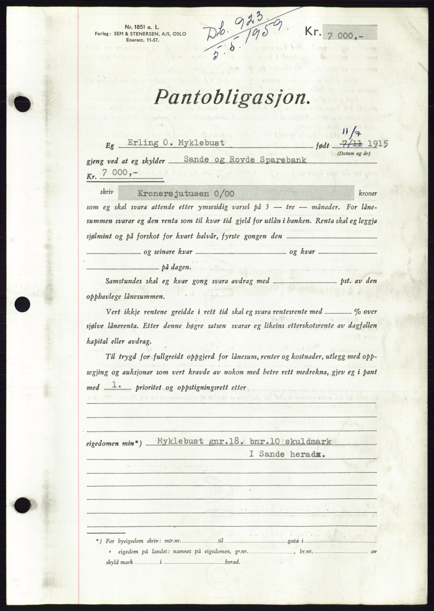 Søre Sunnmøre sorenskriveri, SAT/A-4122/1/2/2C/L0133: Pantebok nr. 21B, 1959-1959, Dagboknr: 923/1959