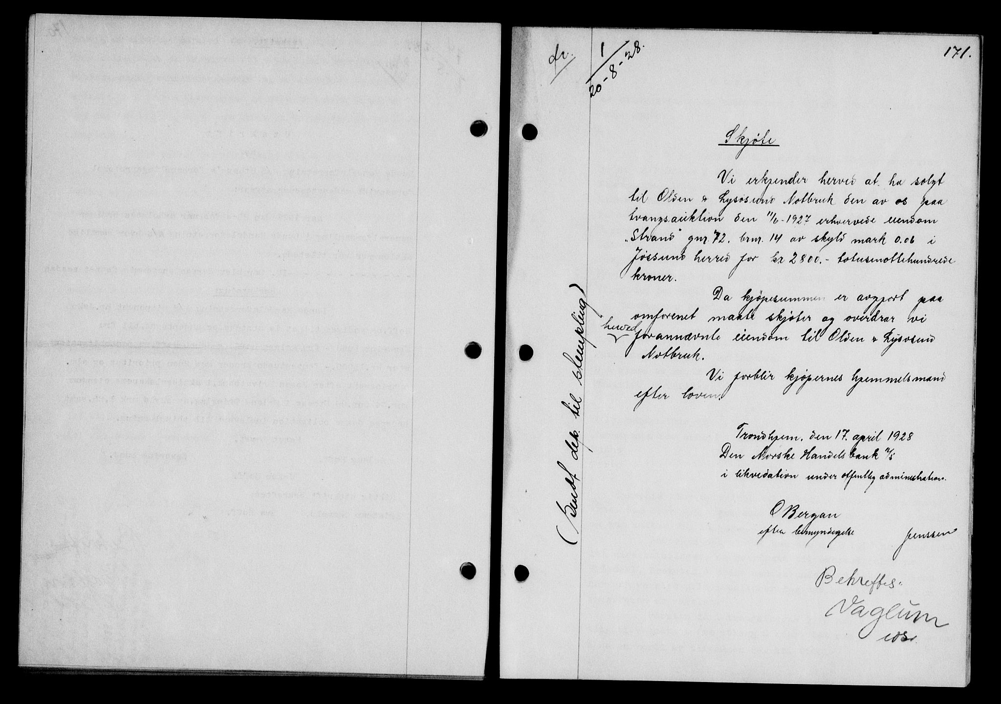 Fosen sorenskriveri, AV/SAT-A-1107/1/2/2C/L0067: Pantebok nr. 58, 1928-1929, s. 171, Tingl.dato: 20.08.1928