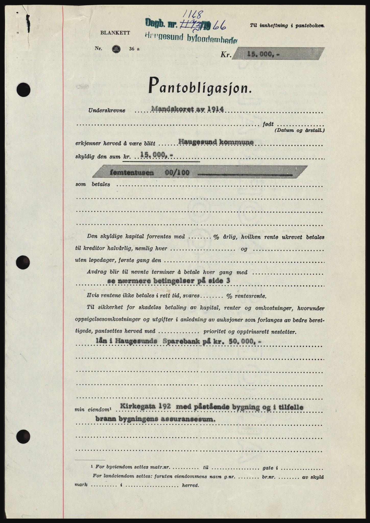 Haugesund tingrett, SAST/A-101415/01/II/IIC/L0055: Pantebok nr. B 55, 1966-1966, Dagboknr: 1168/1966