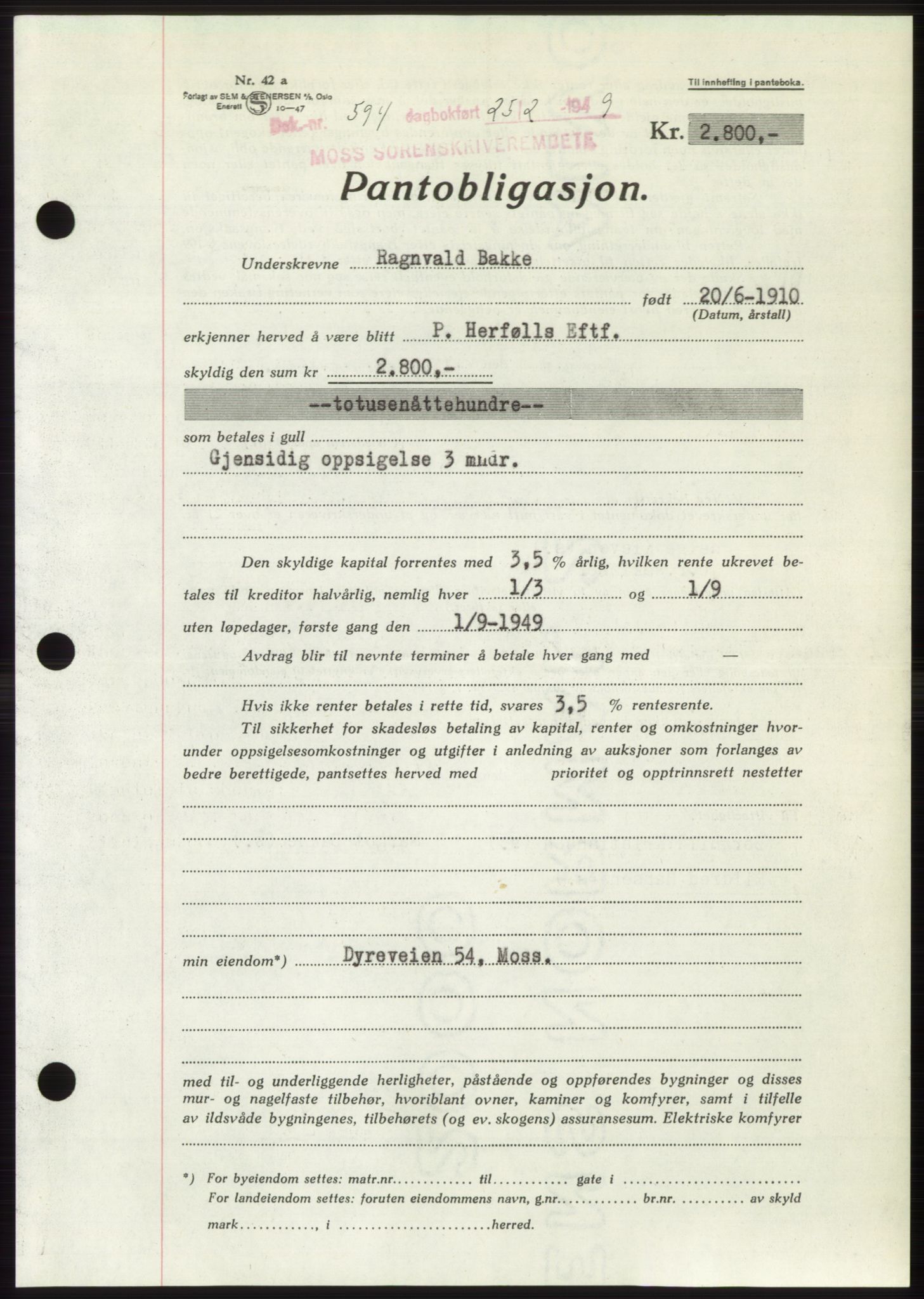 Moss sorenskriveri, SAO/A-10168: Pantebok nr. B21, 1949-1949, Dagboknr: 594/1949