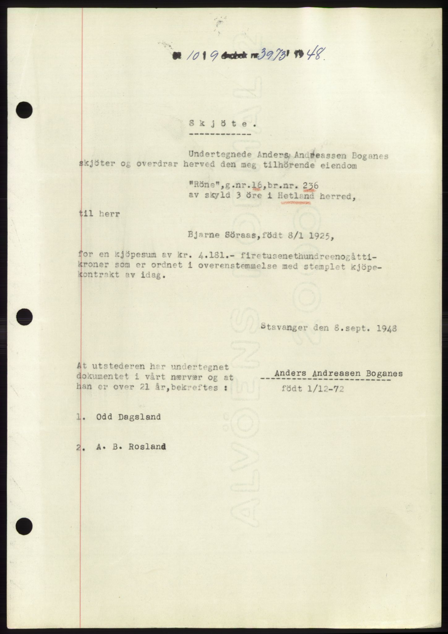 Jæren sorenskriveri, SAST/A-100310/03/G/Gba/L0100: Pantebok, 1948-1948, Dagboknr: 3973/1948