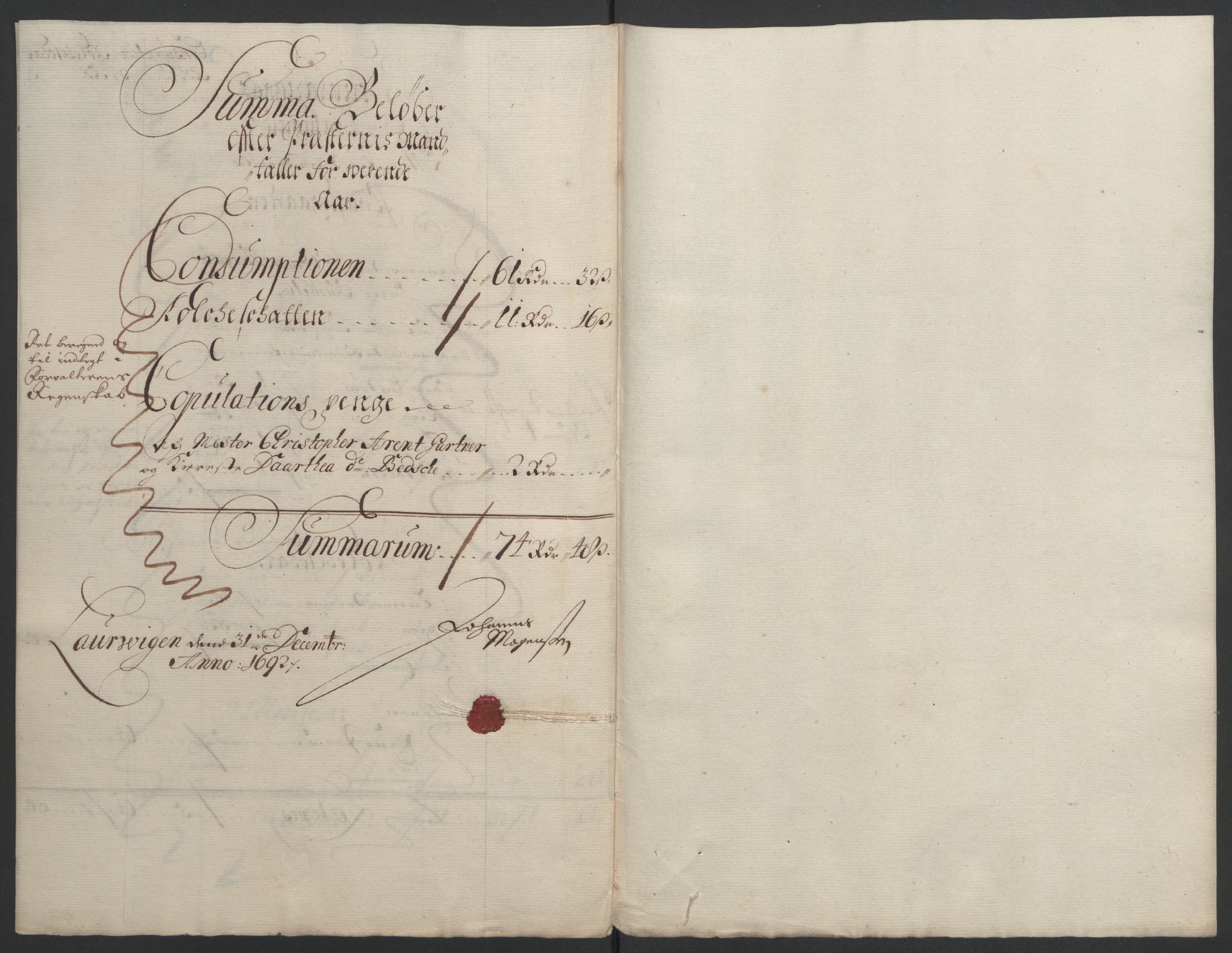 Rentekammeret inntil 1814, Reviderte regnskaper, Fogderegnskap, AV/RA-EA-4092/R33/L1973: Fogderegnskap Larvik grevskap, 1692, s. 118