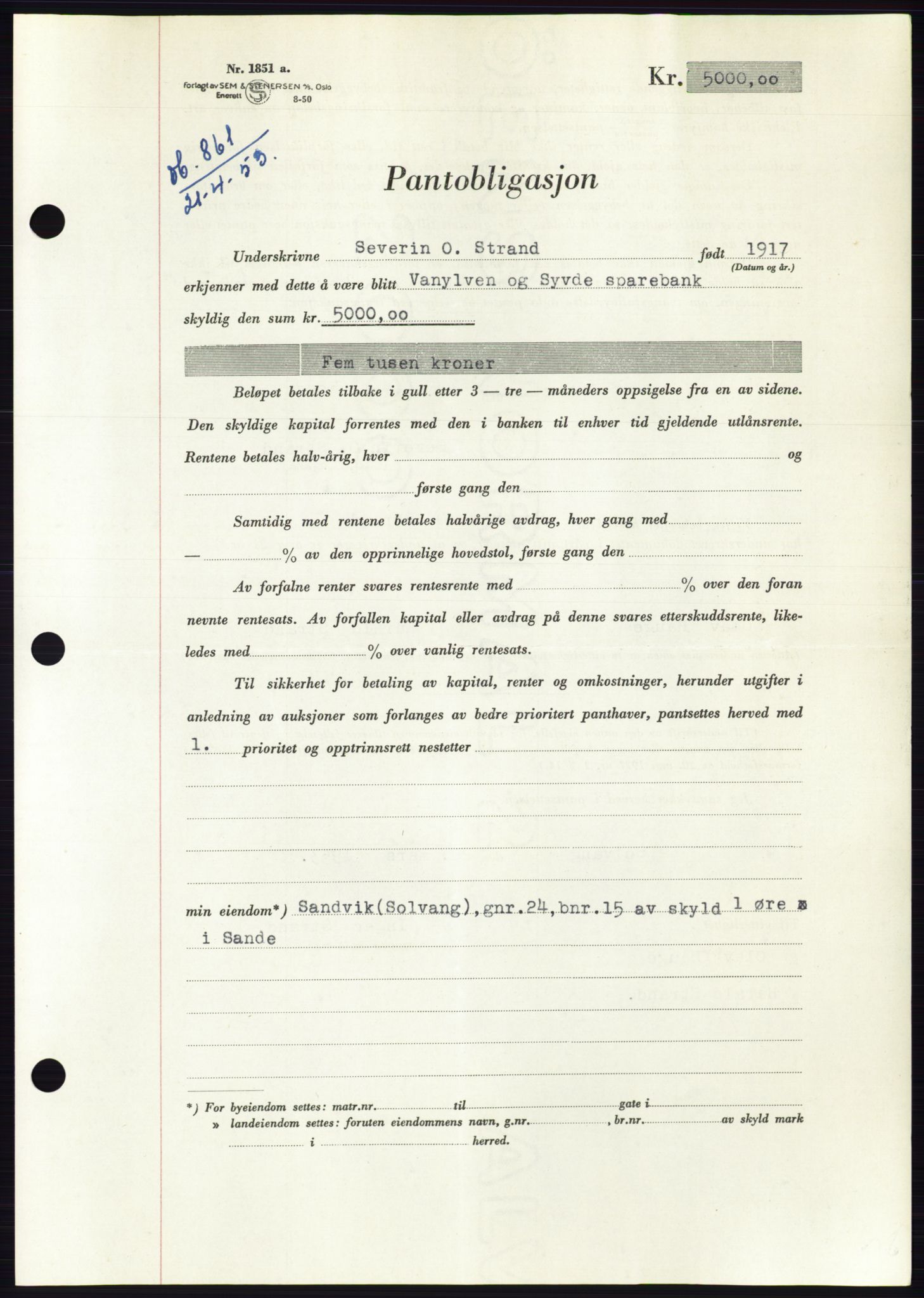 Søre Sunnmøre sorenskriveri, SAT/A-4122/1/2/2C/L0123: Pantebok nr. 11B, 1953-1953, Dagboknr: 861/1953