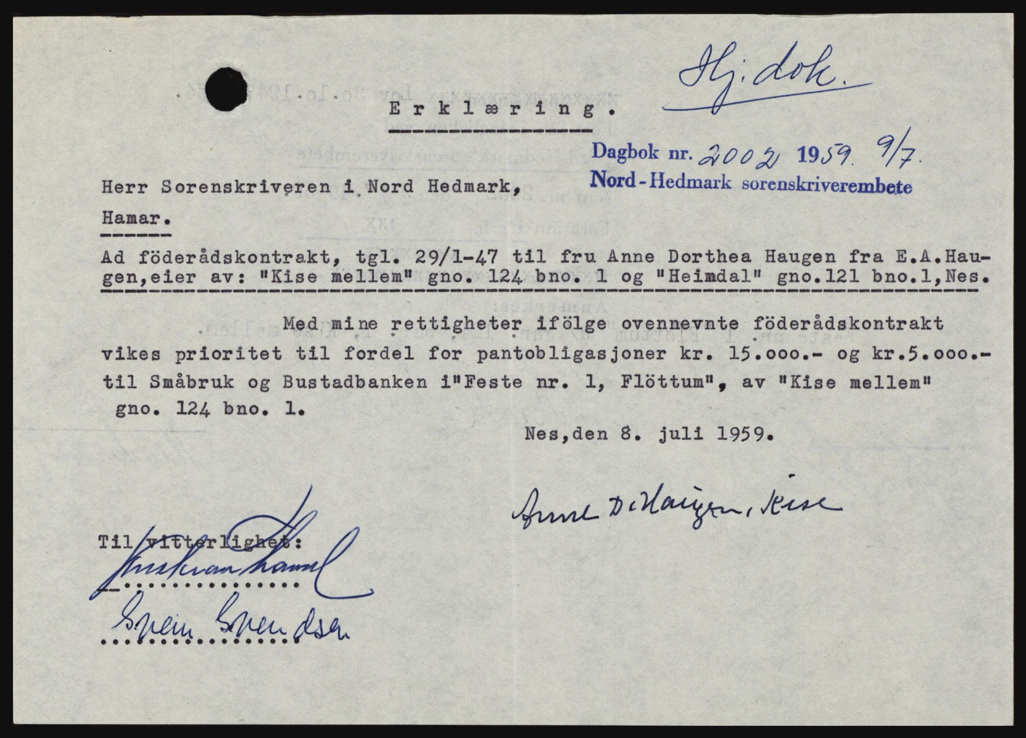Nord-Hedmark sorenskriveri, SAH/TING-012/H/Hc/L0013: Pantebok nr. 13, 1959-1960, Dagboknr: 2002/1959