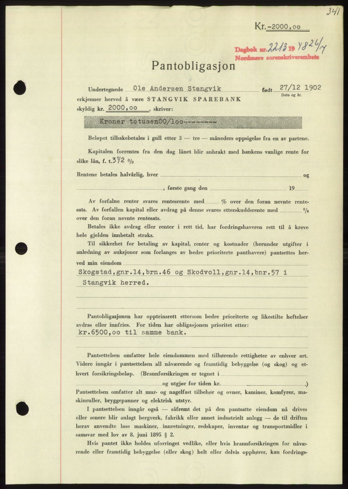 Nordmøre sorenskriveri, SAT/A-4132/1/2/2Ca: Pantebok nr. B99, 1948-1948, Dagboknr: 2213/1948