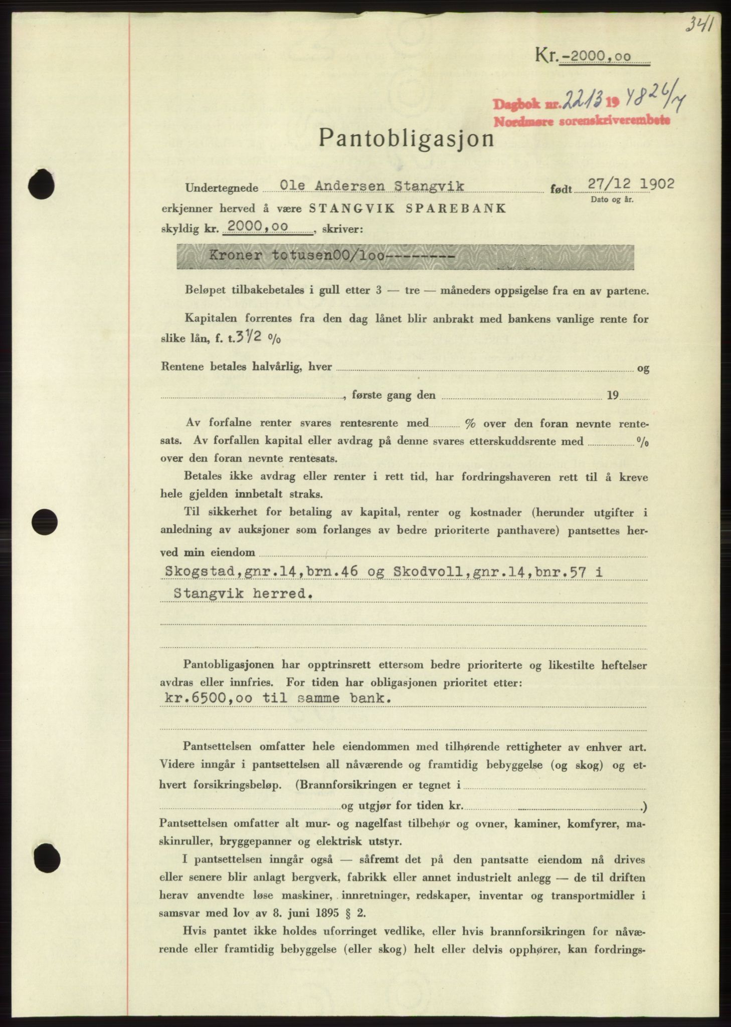 Nordmøre sorenskriveri, AV/SAT-A-4132/1/2/2Ca: Pantebok nr. B99, 1948-1948, Dagboknr: 2213/1948