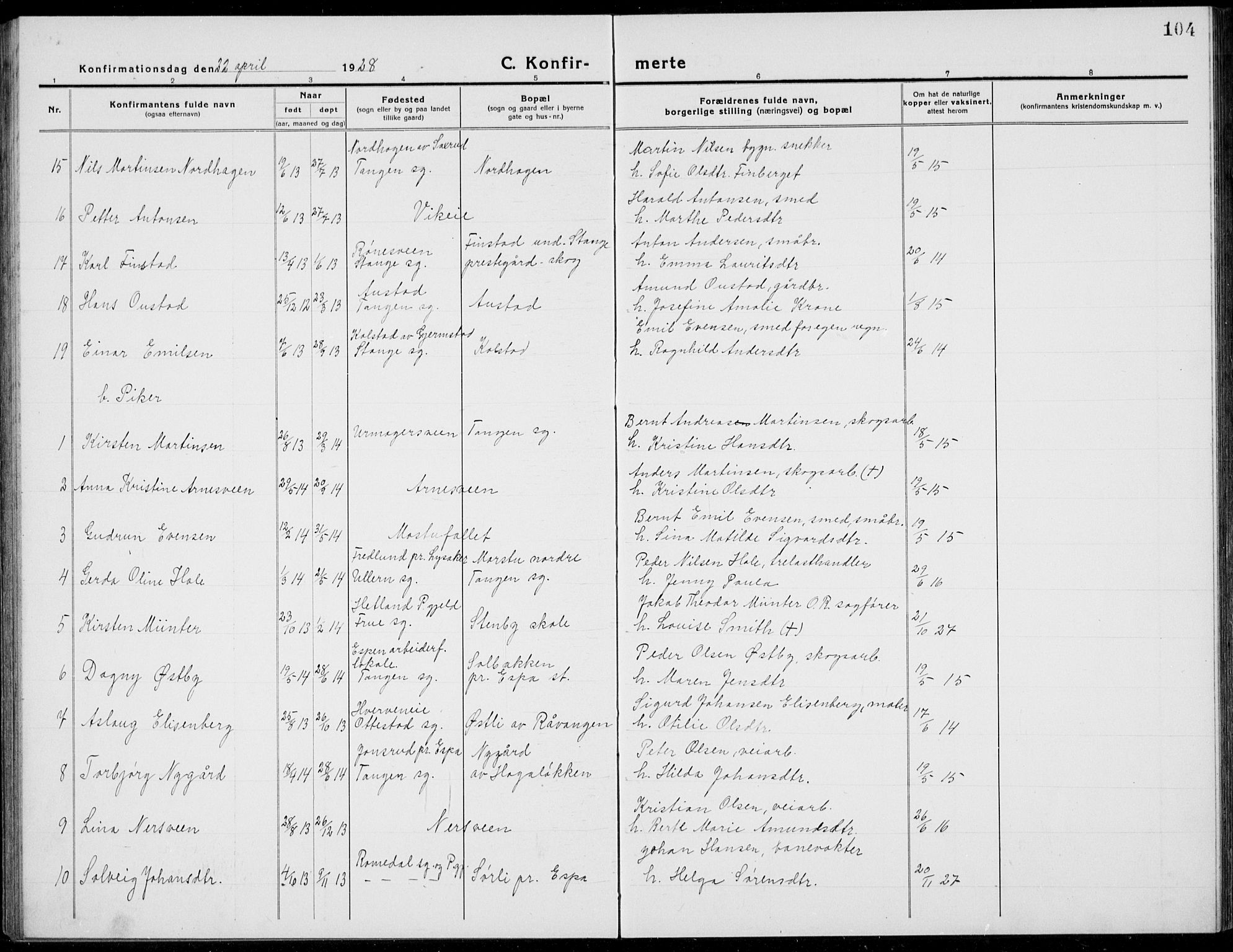 Stange prestekontor, AV/SAH-PREST-002/L/L0017: Klokkerbok nr. 17, 1918-1936, s. 104