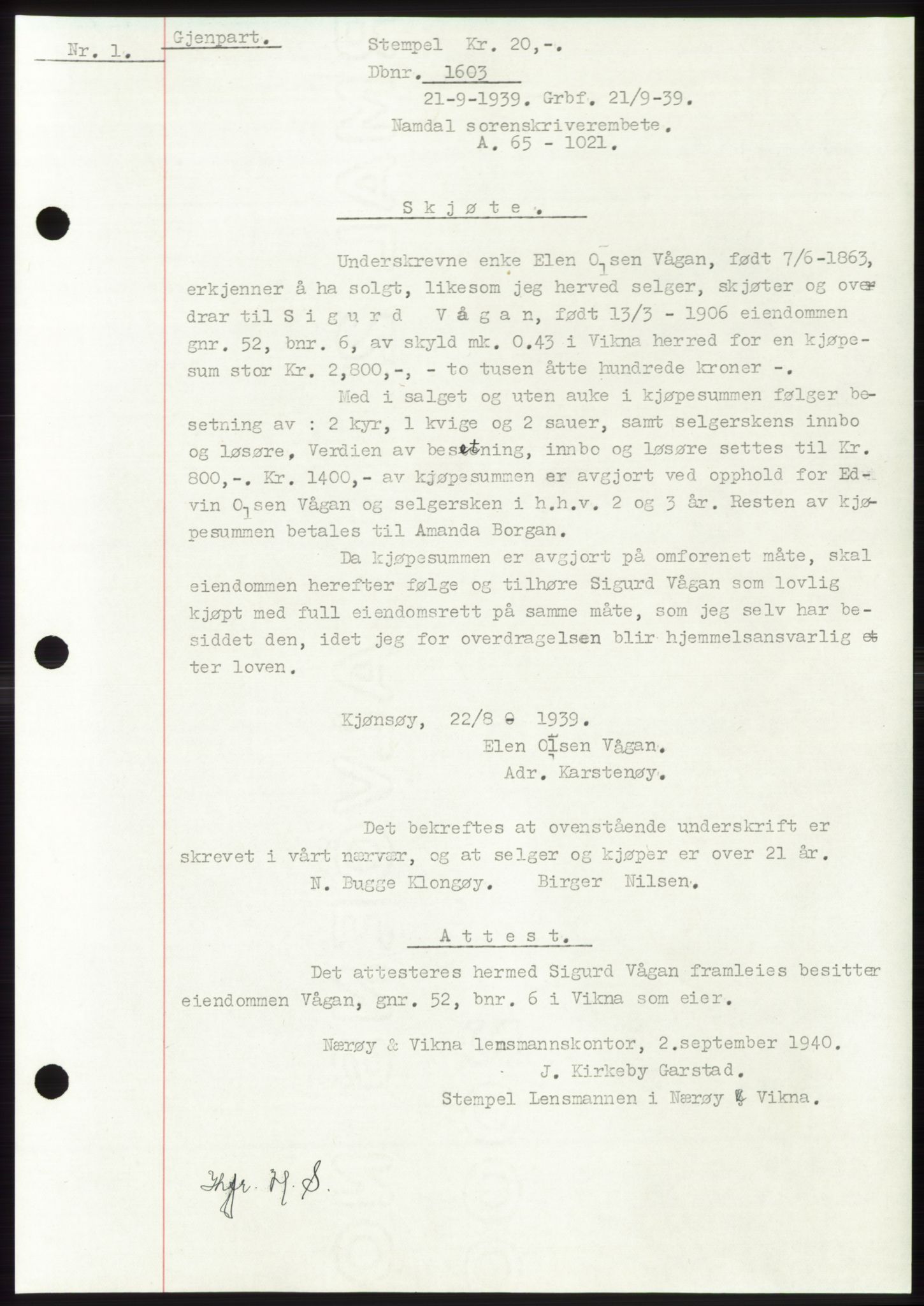 Namdal sorenskriveri, SAT/A-4133/1/2/2C: Pantebok nr. -, 1937-1939, Tingl.dato: 21.09.1939