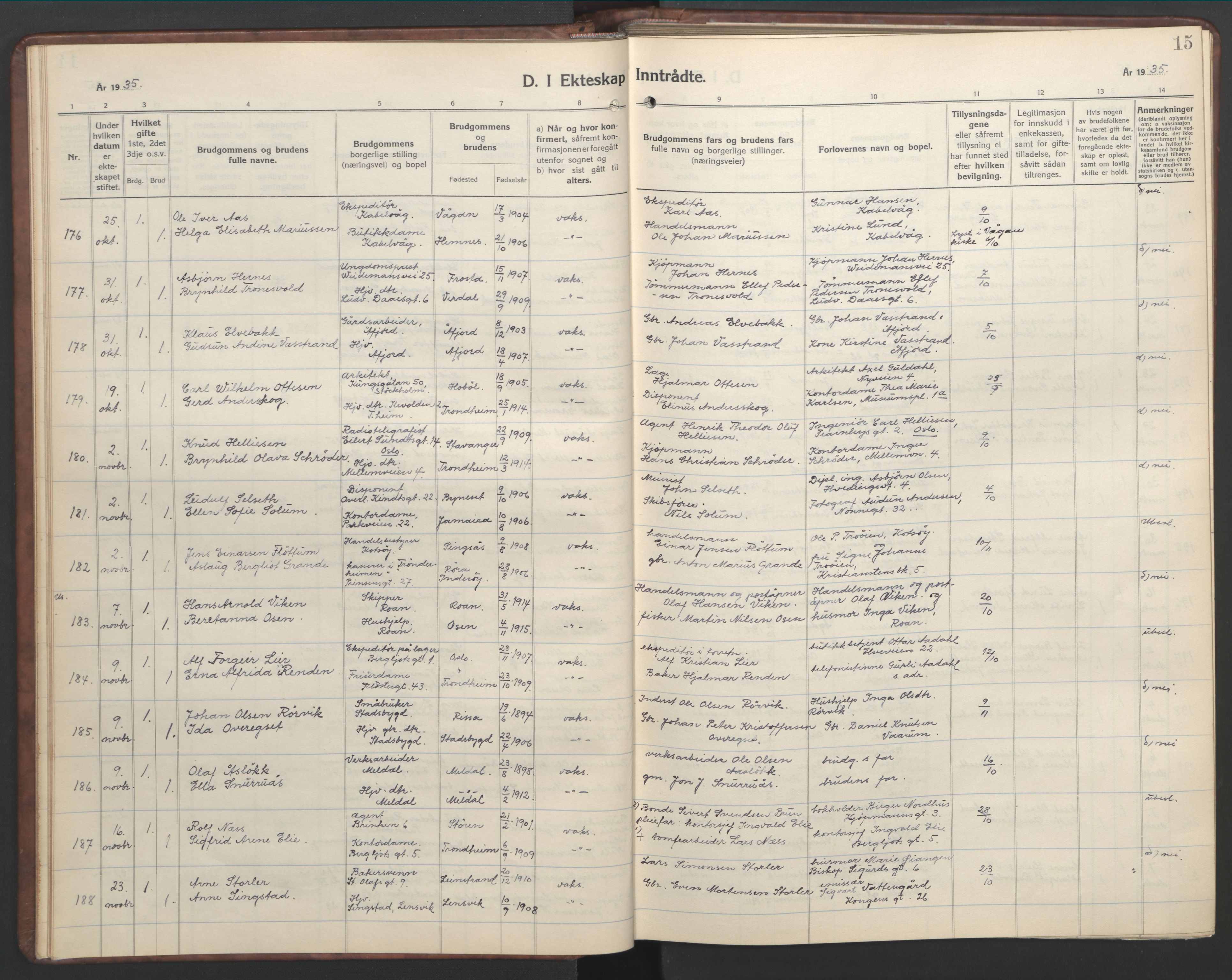 Ministerialprotokoller, klokkerbøker og fødselsregistre - Sør-Trøndelag, AV/SAT-A-1456/601/L0101: Klokkerbok nr. 601C19, 1935-1946, s. 15