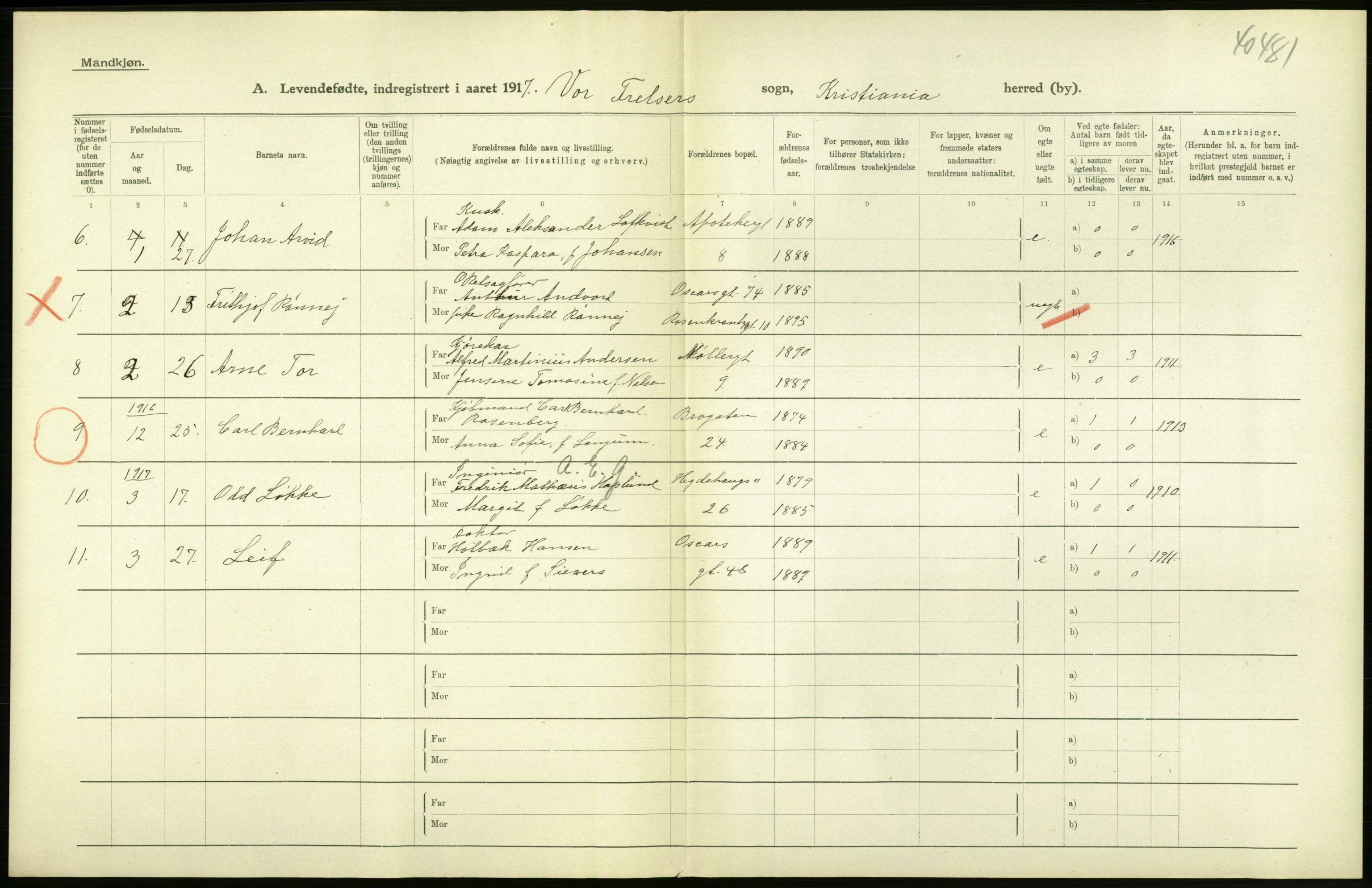 Statistisk sentralbyrå, Sosiodemografiske emner, Befolkning, AV/RA-S-2228/D/Df/Dfb/Dfbg/L0007: Kristiania: Levendefødte menn og kvinner., 1917, s. 8