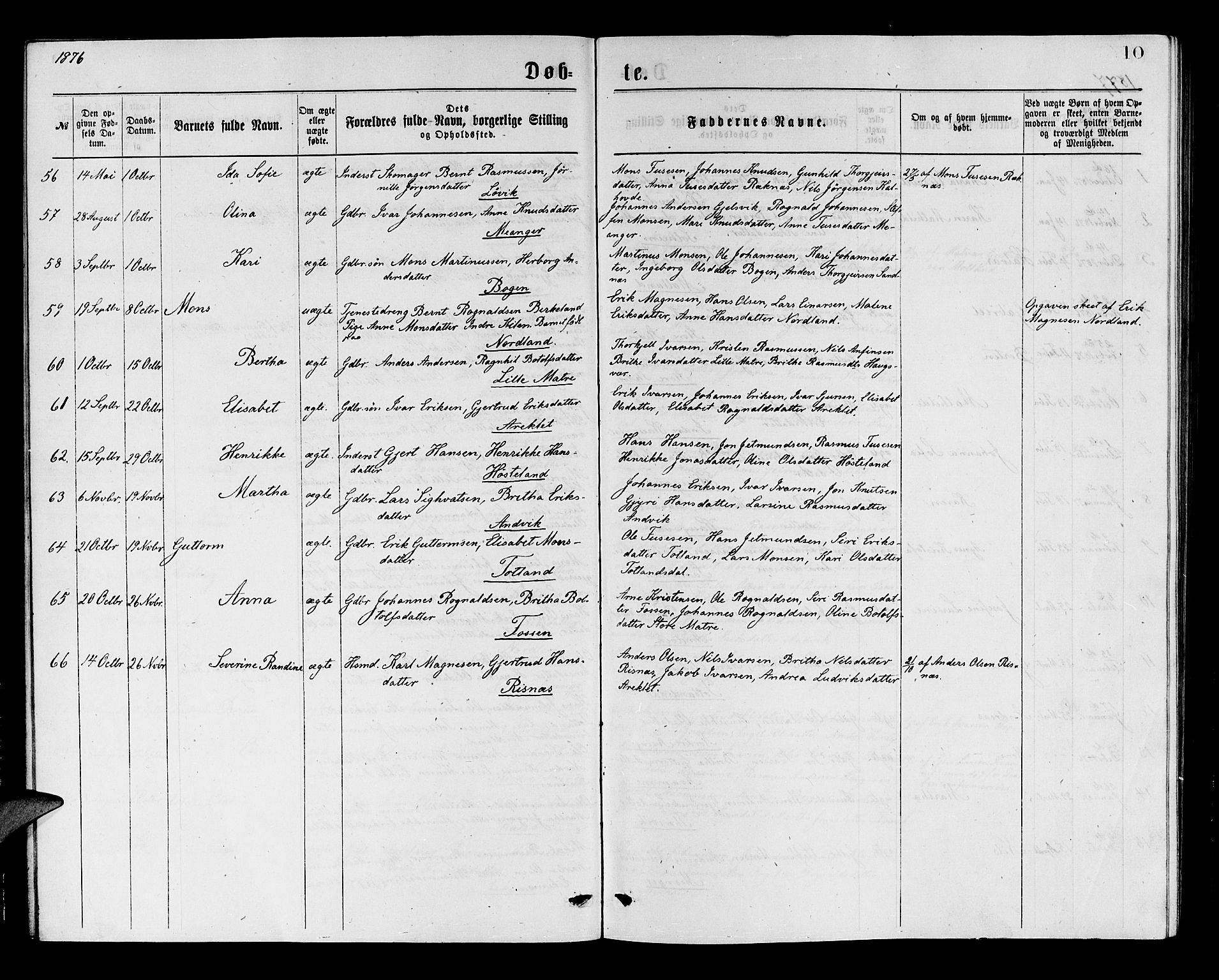 Masfjorden sokneprestembete, AV/SAB-A-77001: Klokkerbok nr. A 2, 1876-1891, s. 10