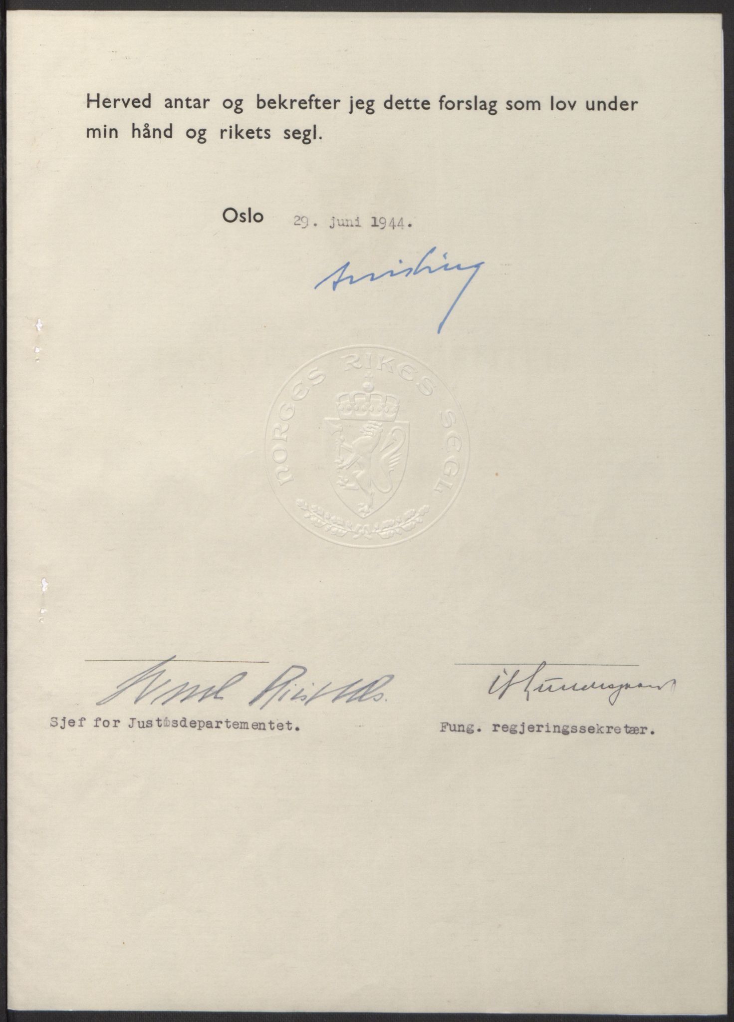 NS-administrasjonen 1940-1945 (Statsrådsekretariatet, de kommisariske statsråder mm), RA/S-4279/D/Db/L0100: Lover, 1944, s. 320