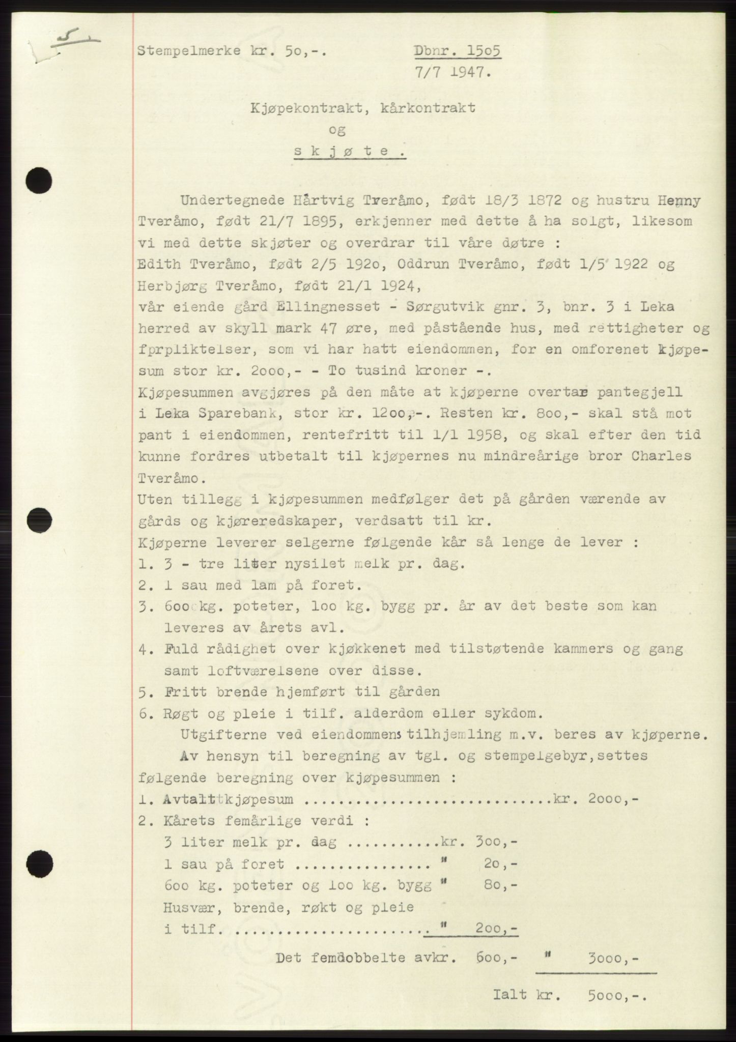 Namdal sorenskriveri, SAT/A-4133/1/2/2C: Pantebok nr. -, 1947-1947, Dagboknr: 1505/1947