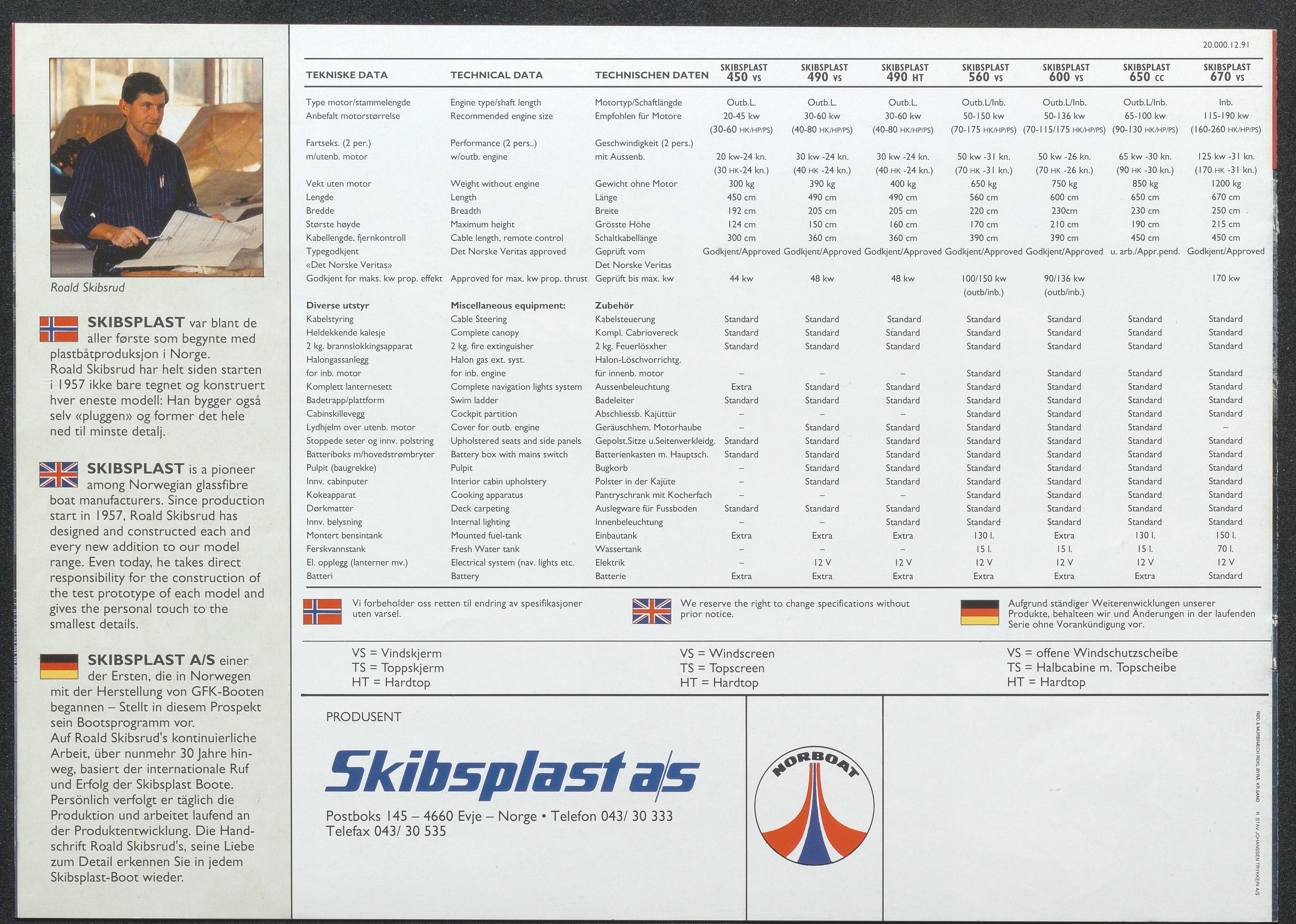 Skibsplast, AAKS/PA-2968/01/X/X01/L0001/0025: Brosjyrer / Skibsplast 670 VS (1987-1992). Skibsplast 650 CC (1991-1997). Skibsplast 600 VS (1984-1992). Skibsplast 560 VS (1989-1997). Skibsplast 490 VS/HT (VS:1983-1995, HT:1982-2000). Skibsplast 450 VS (1990-1995). , 1982-2000