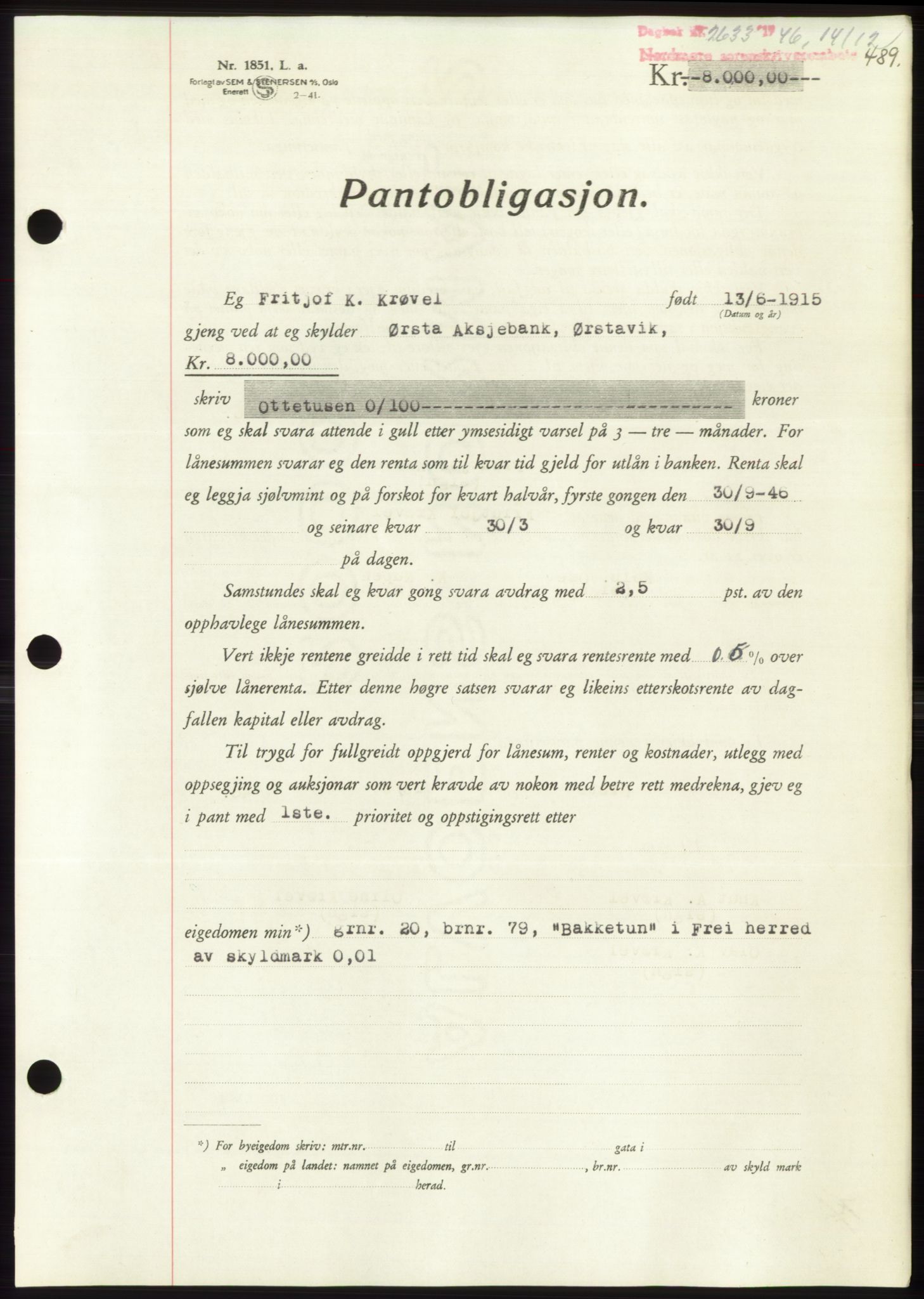 Nordmøre sorenskriveri, SAT/A-4132/1/2/2Ca: Pantebok nr. B95, 1946-1947, Dagboknr: 2633/1946