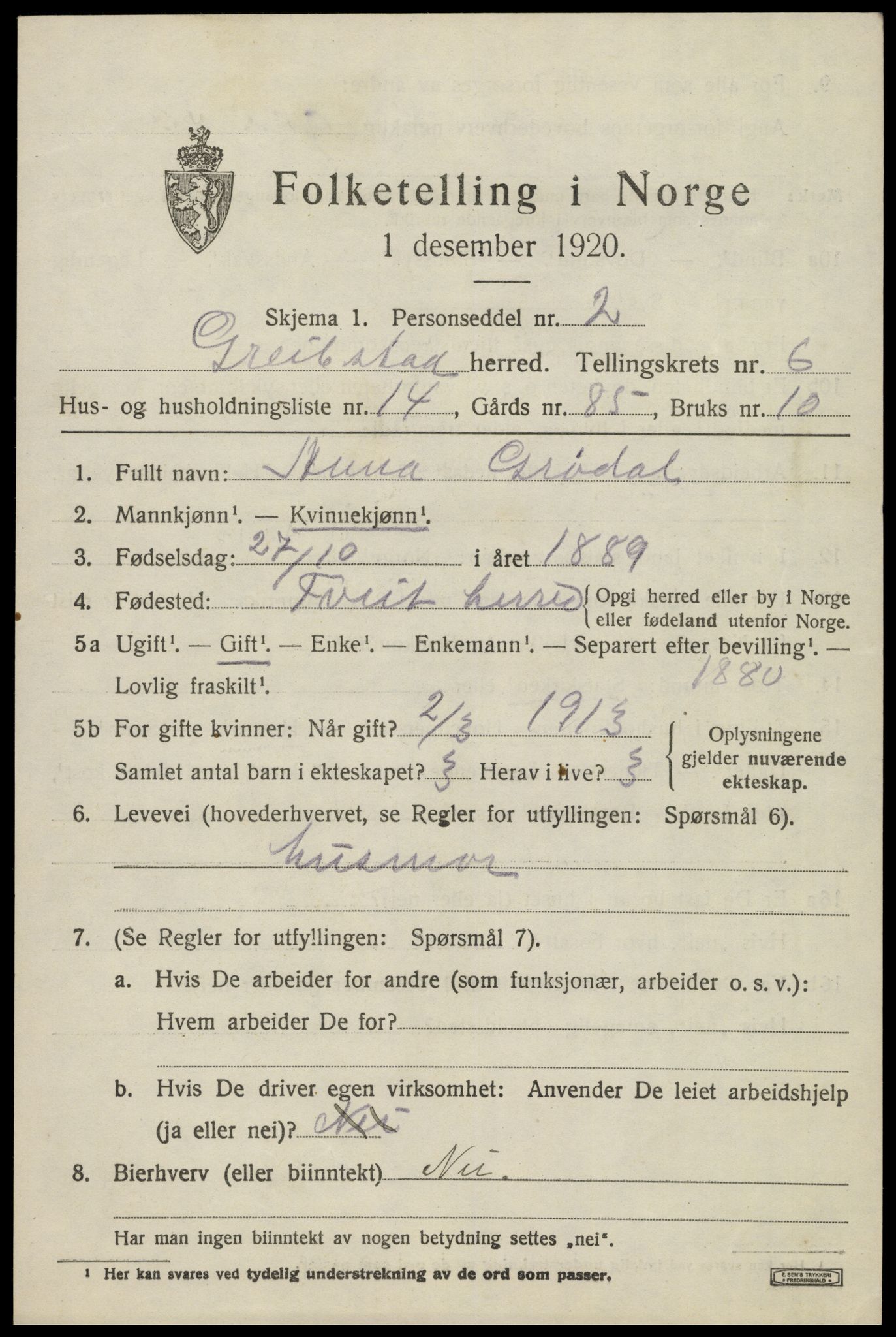 SAK, Folketelling 1920 for 1017 Greipstad herred, 1920, s. 2048