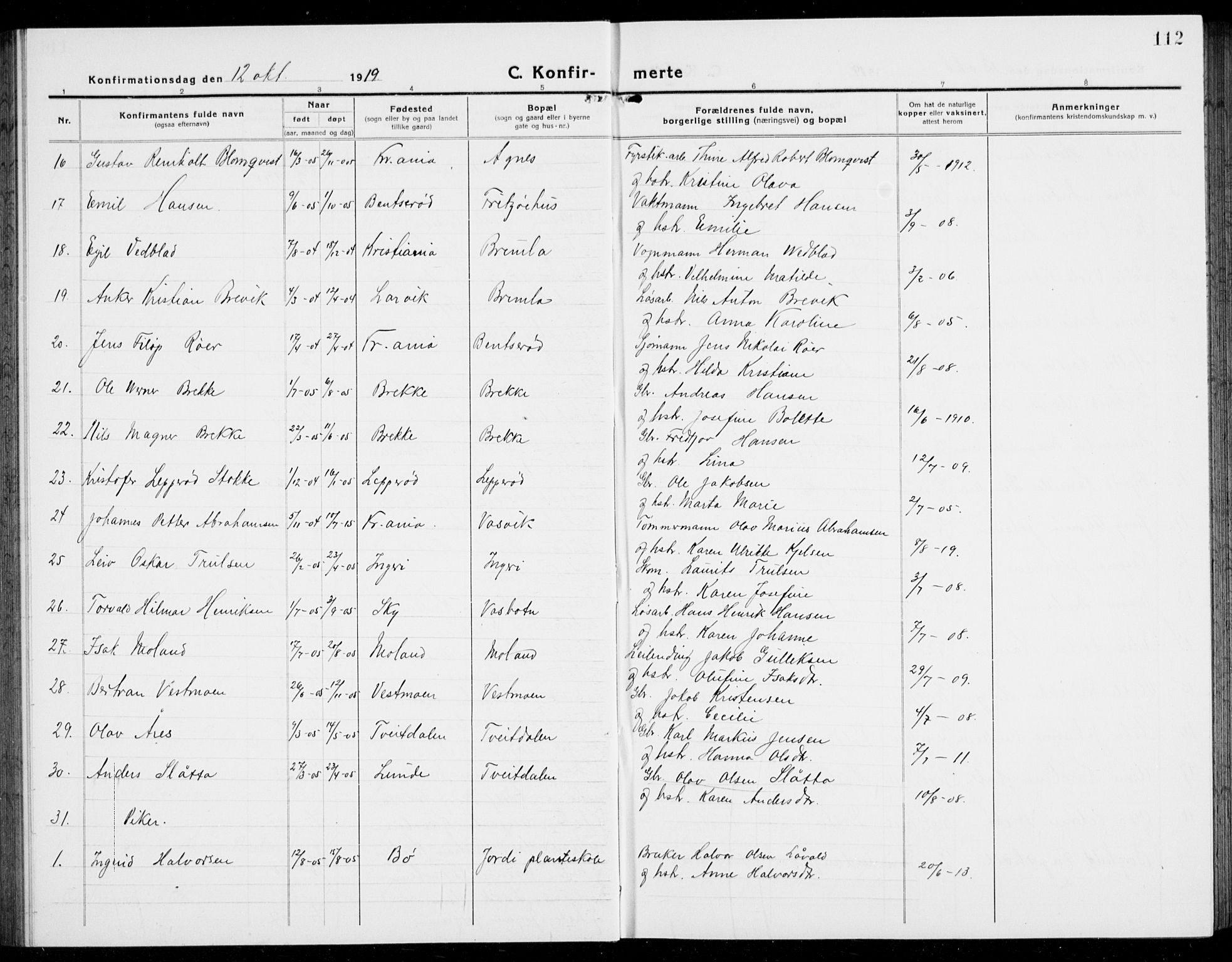 Brunlanes kirkebøker, AV/SAKO-A-342/G/Ga/L0005: Klokkerbok nr. I 5, 1918-1941, s. 112