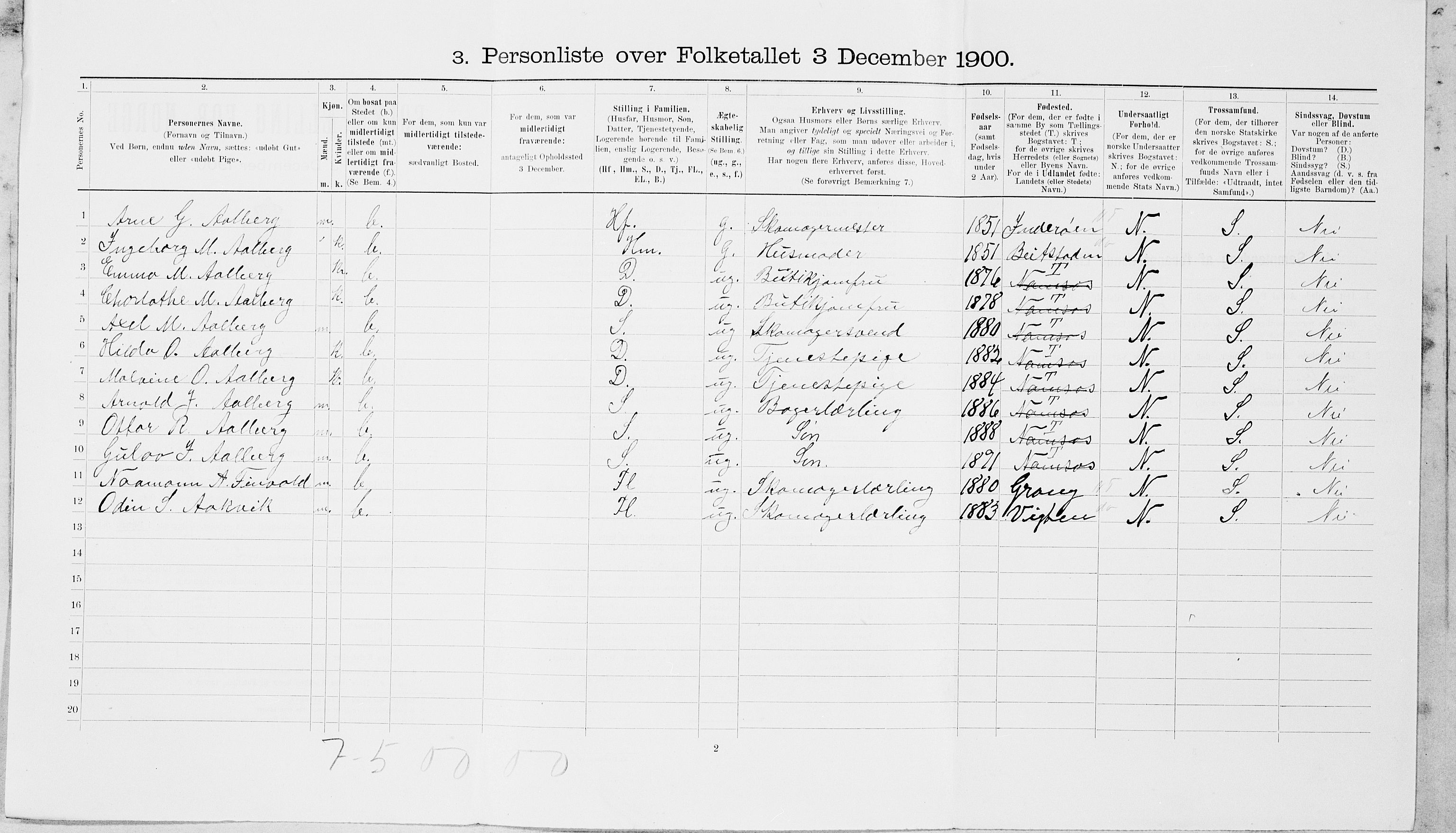 SAT, Folketelling 1900 for 1703 Namsos ladested, 1900, s. 735