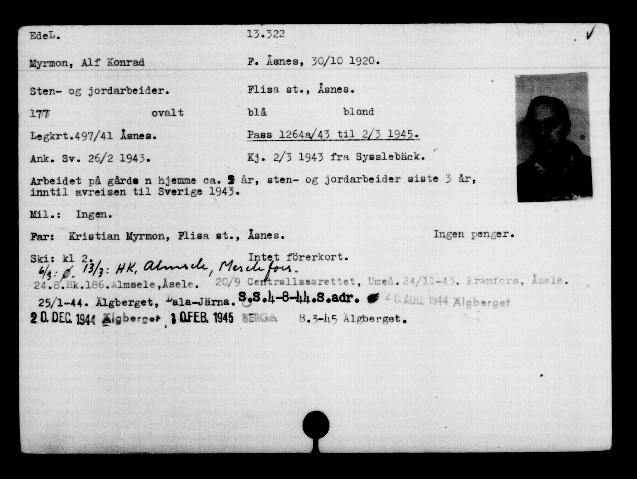 Utenriksstasjonene, Legasjonen i Stockholm, Flyktningkontoret, AV/RA-S-6753/V/Va/L0007: Kjesäterkartoteket, flyktninger med registreringsnr. 12700-15723, 1940-1945, s. 710