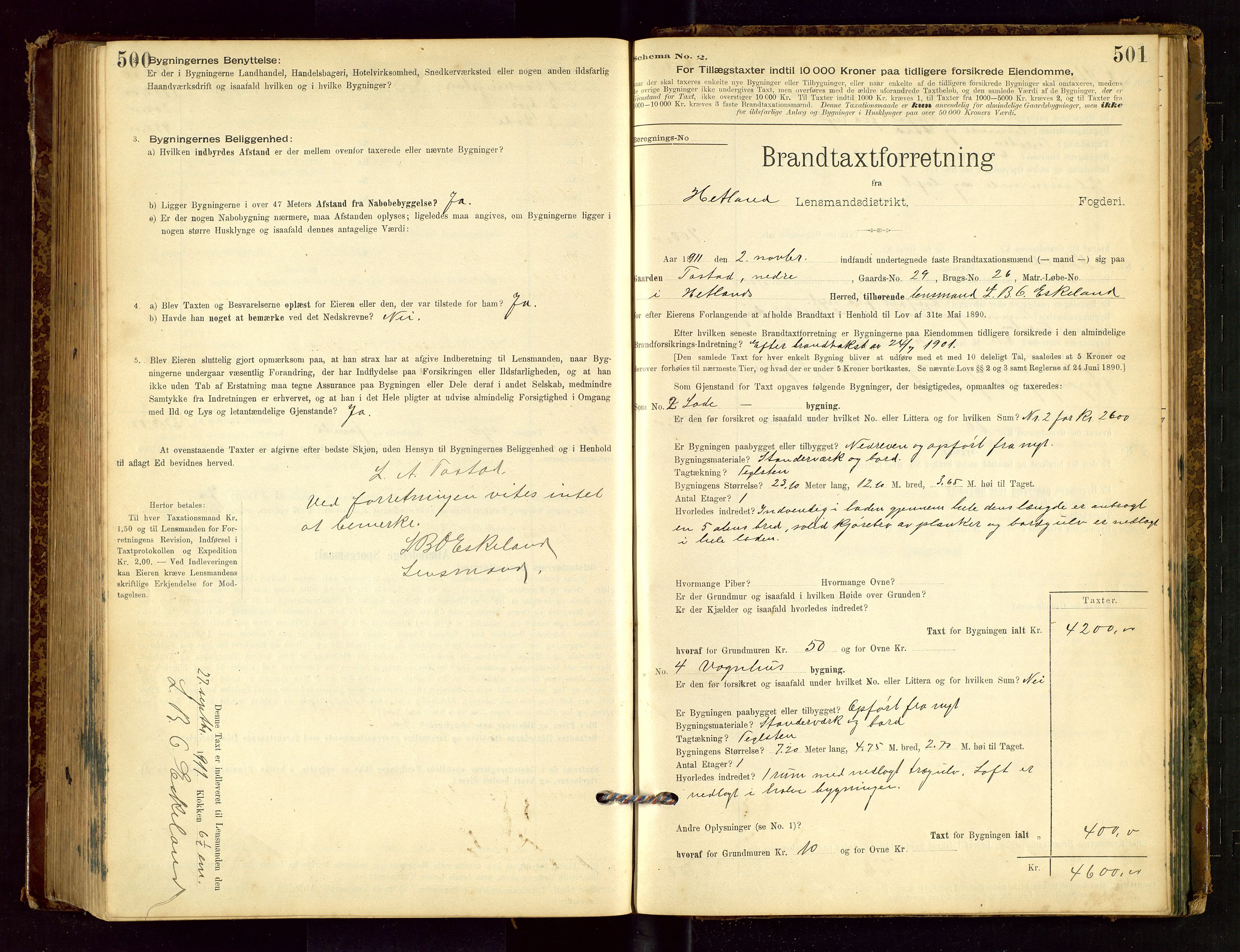 Hetland lensmannskontor, SAST/A-100101/Gob/L0001: "Brandtaxationsprotokol", 1895-1918, s. 500-501