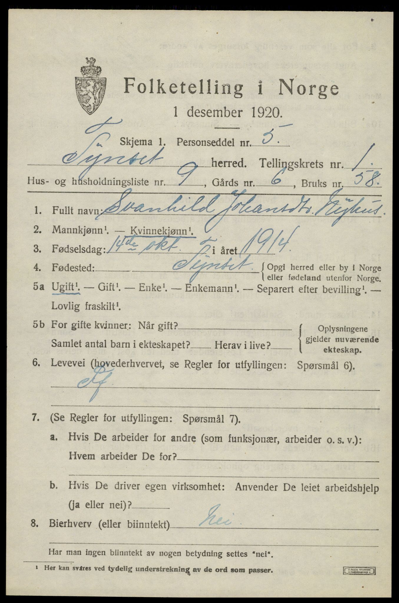 SAH, Folketelling 1920 for 0437 Tynset herred, 1920, s. 1626