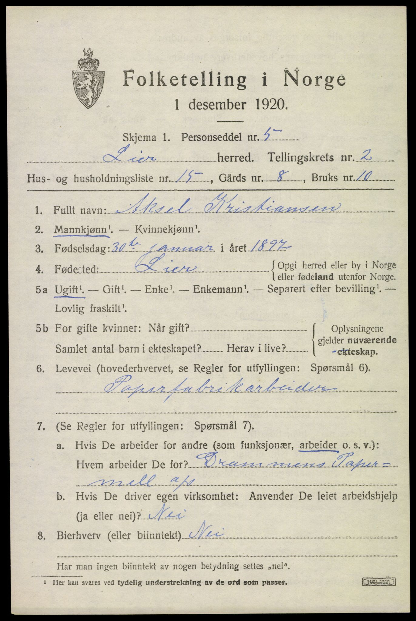 SAKO, Folketelling 1920 for 0626 Lier herred, 1920, s. 4512