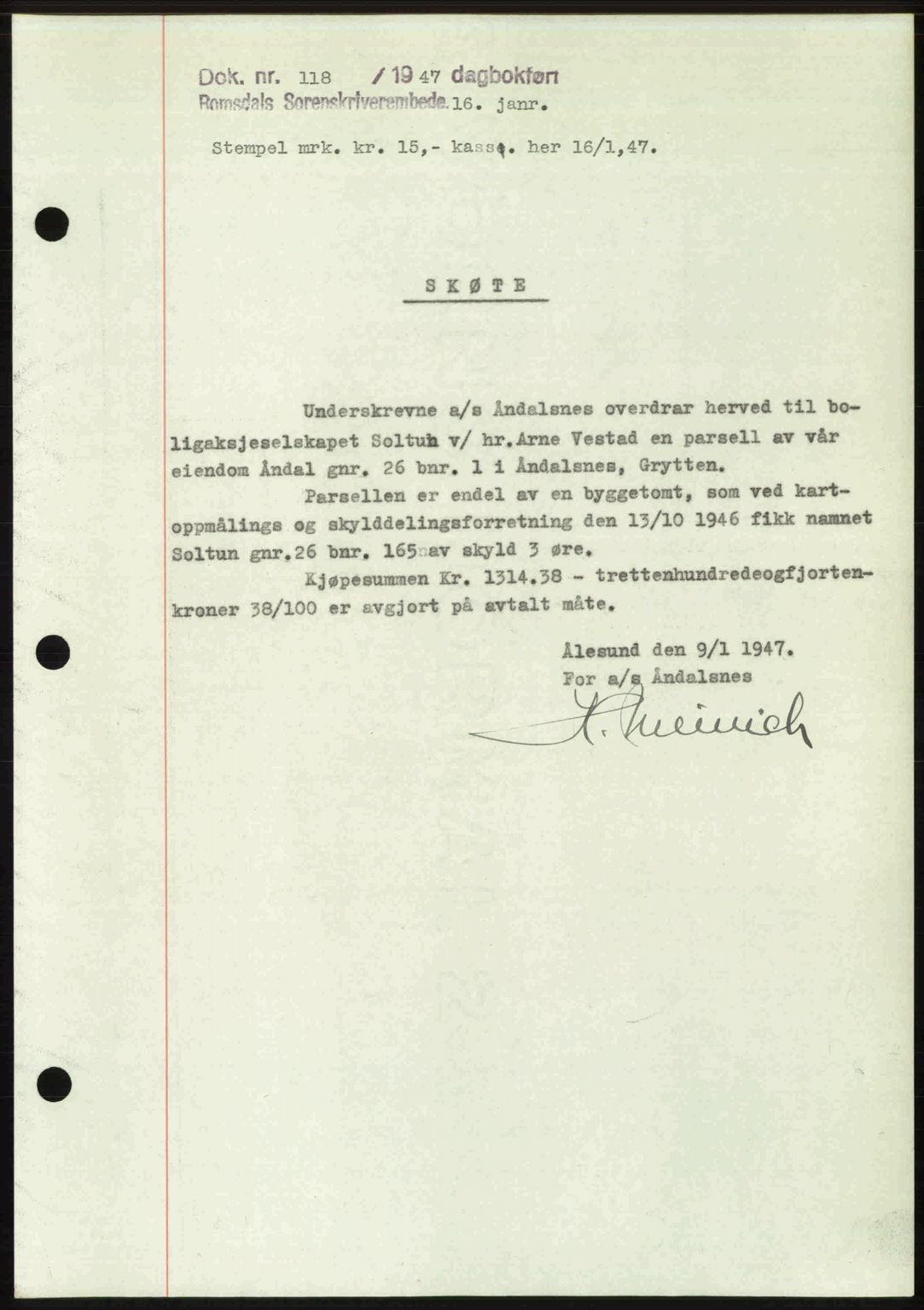 Romsdal sorenskriveri, AV/SAT-A-4149/1/2/2C: Pantebok nr. A22, 1947-1947, Dagboknr: 118/1947