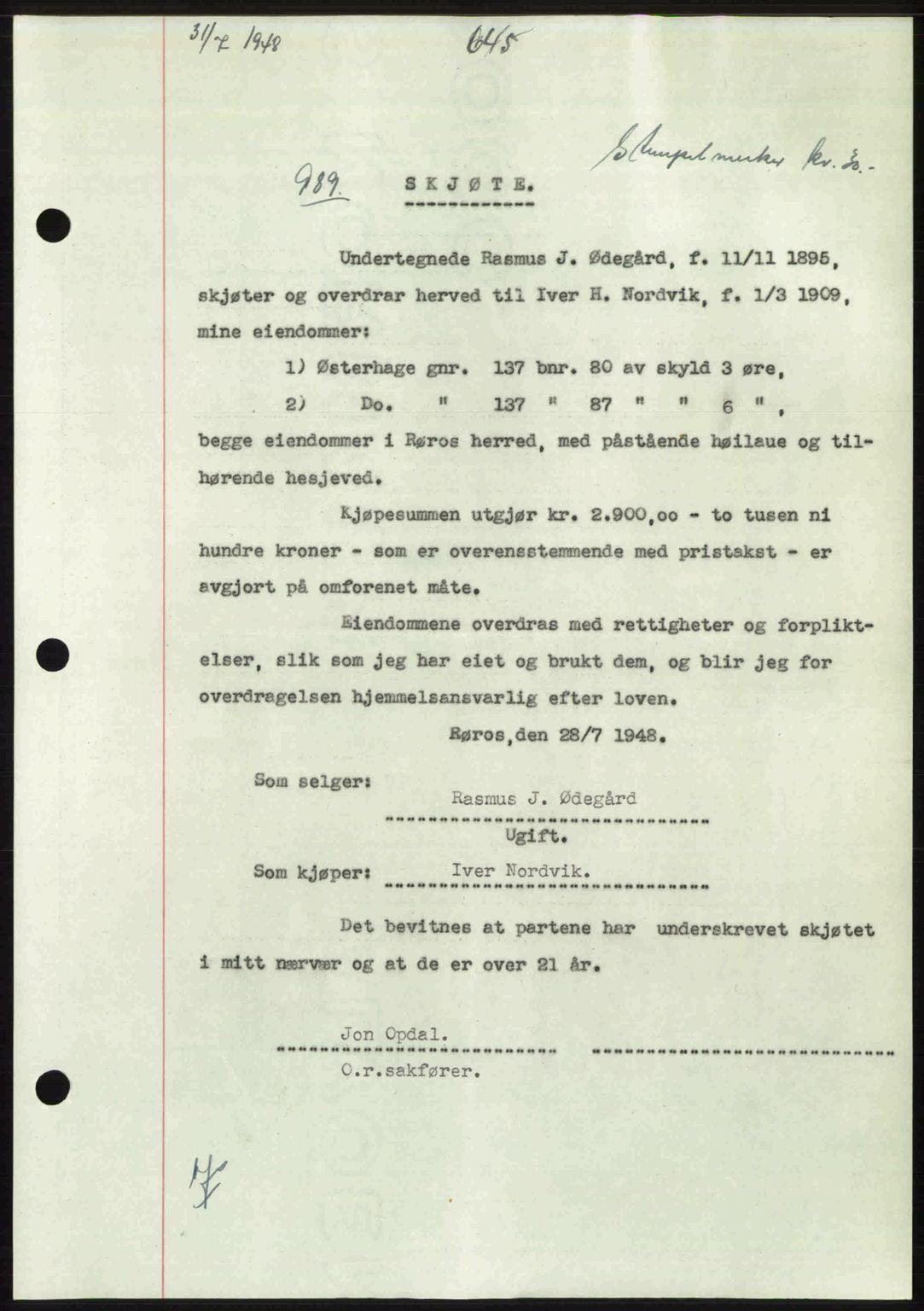 Gauldal sorenskriveri, SAT/A-0014/1/2/2C: Pantebok nr. A6, 1948-1948, Dagboknr: 989/1948