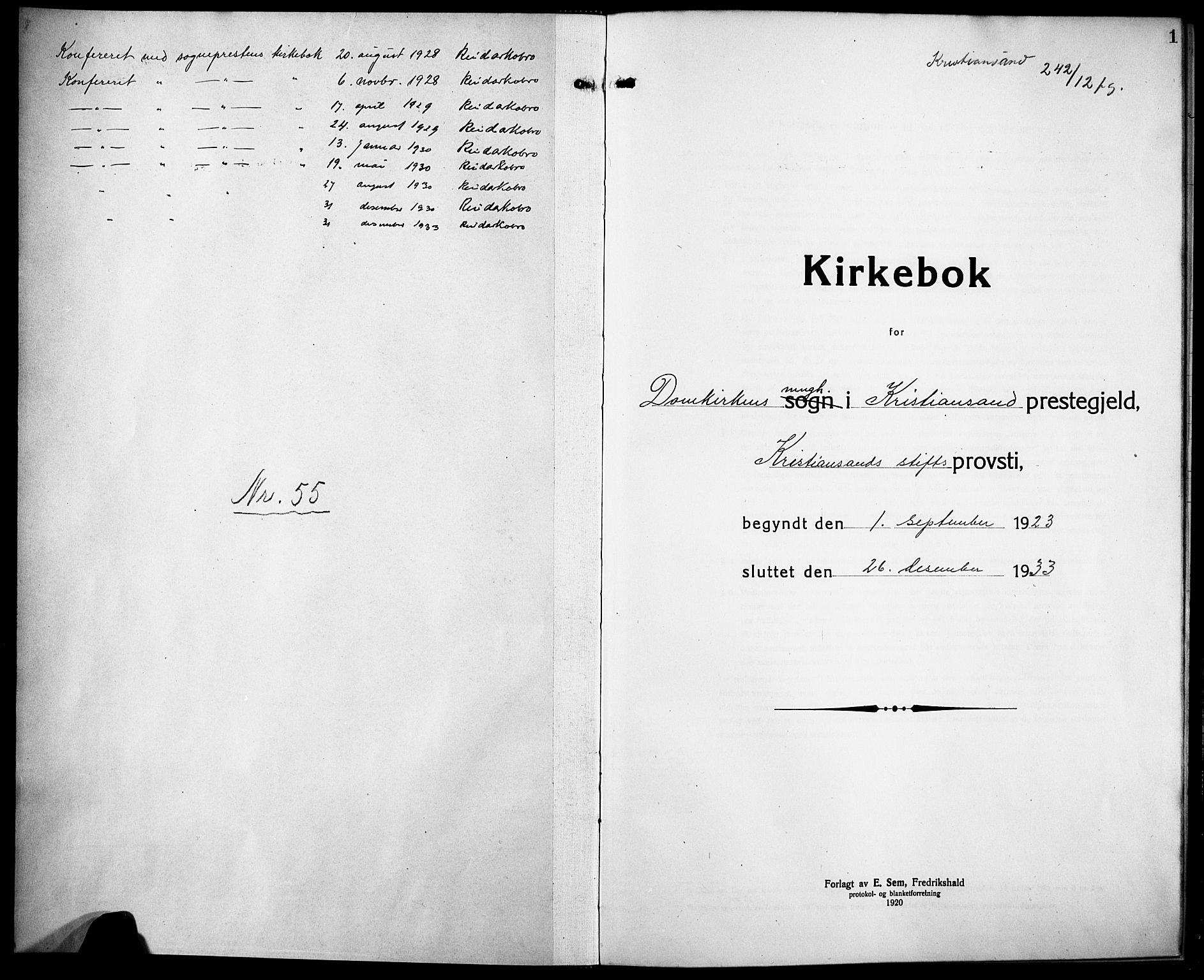 Kristiansand domprosti, SAK/1112-0006/F/Fb/L0024: Klokkerbok nr. B 24, 1923-1933, s. 1