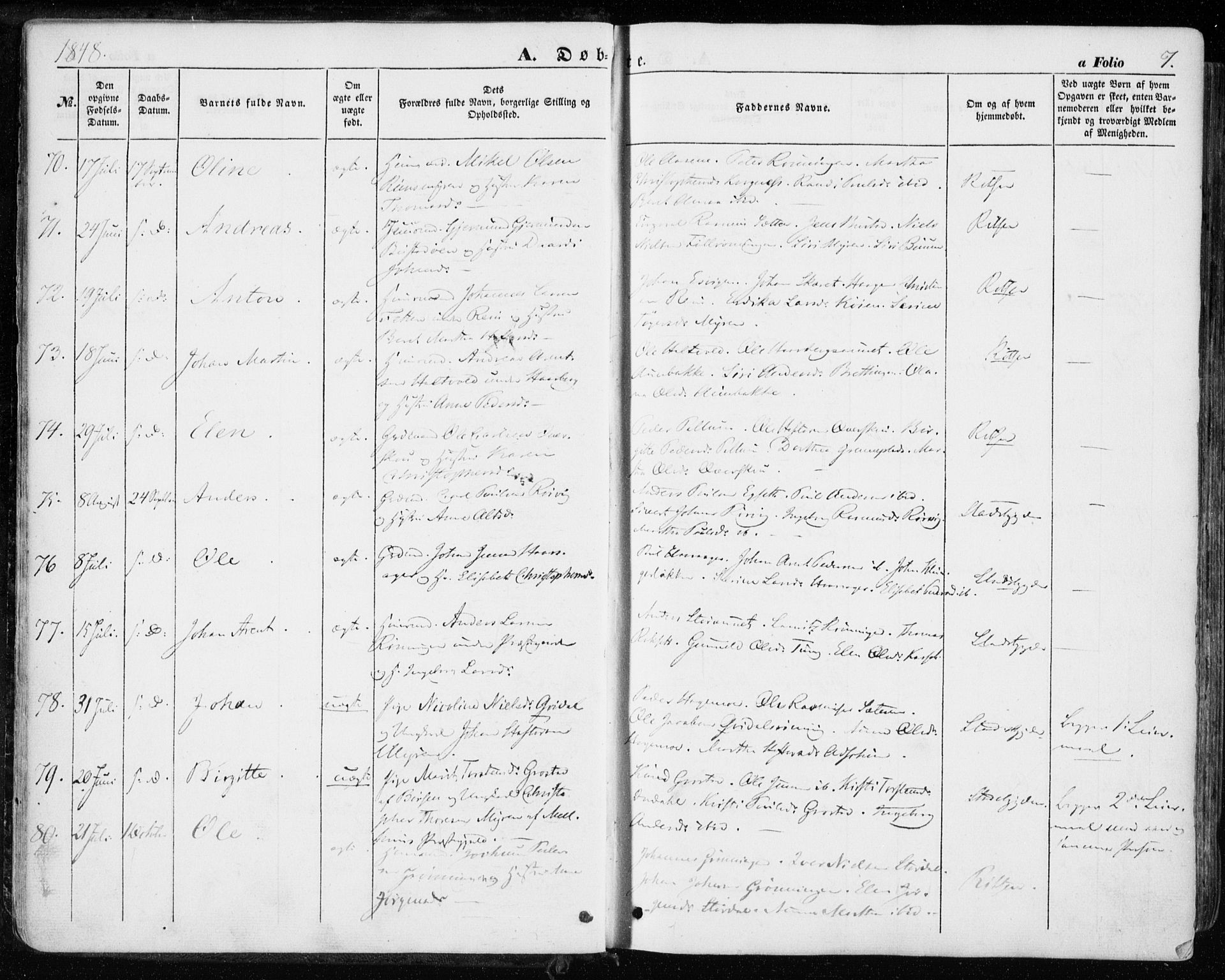 Ministerialprotokoller, klokkerbøker og fødselsregistre - Sør-Trøndelag, SAT/A-1456/646/L0611: Ministerialbok nr. 646A09, 1848-1857, s. 7