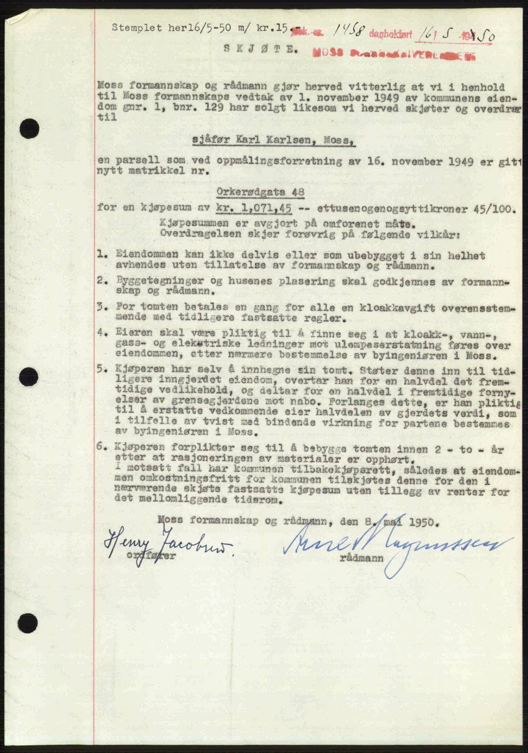 Moss sorenskriveri, SAO/A-10168: Pantebok nr. A26, 1950-1950, Dagboknr: 1458/1950